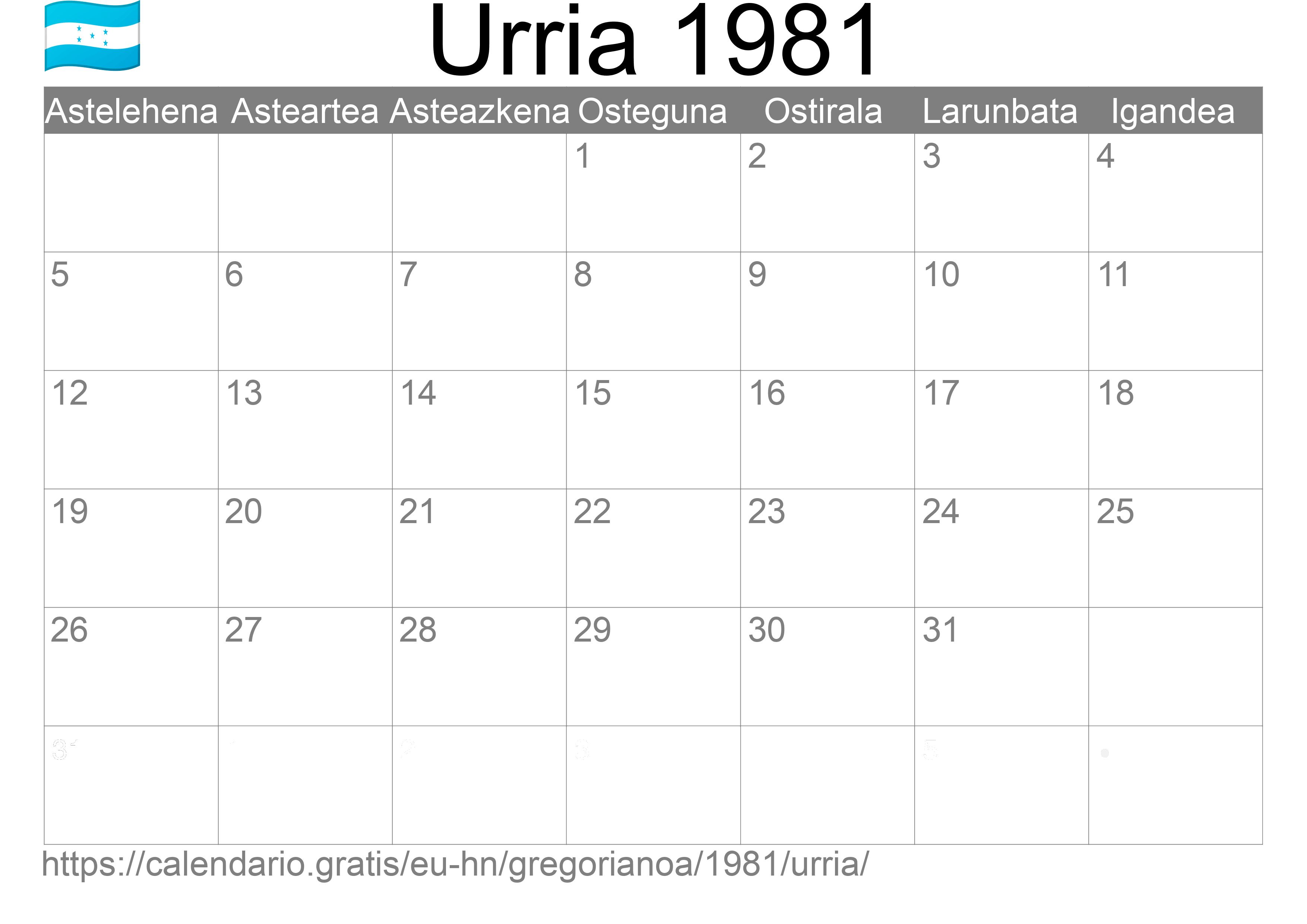 1981ko Urria egutegia inprimatzeko