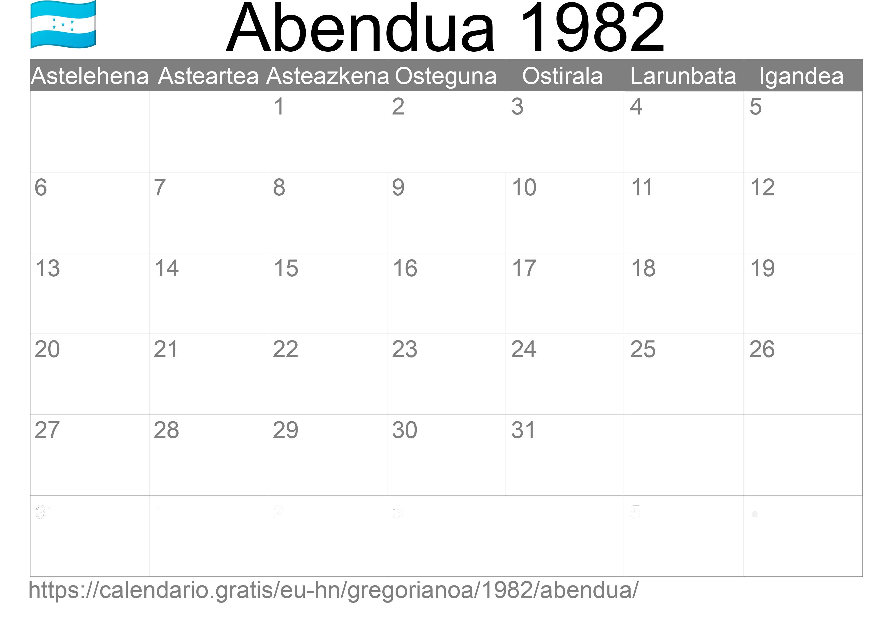 1982ko Abendua egutegia inprimatzeko