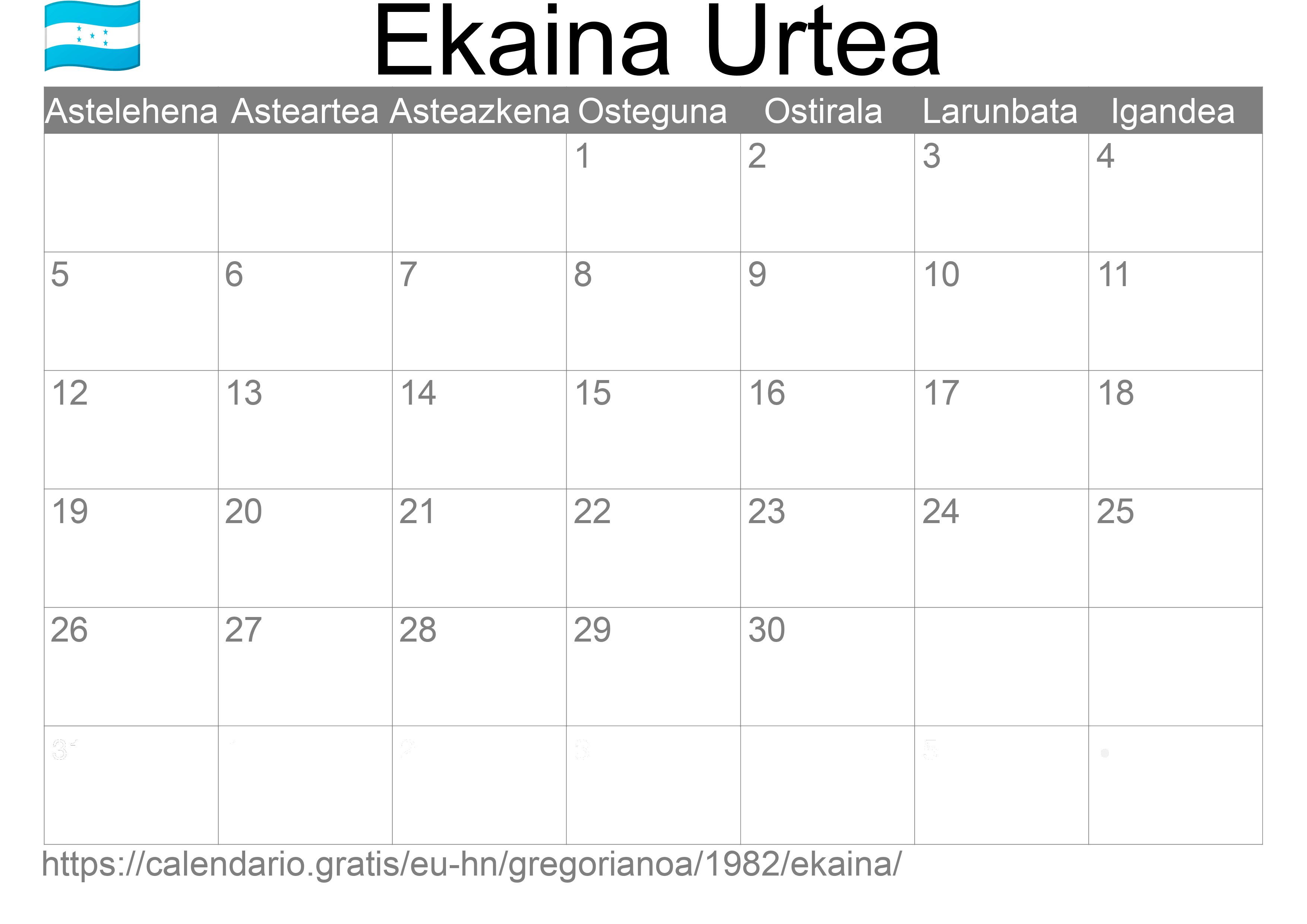 1982ko Ekaina egutegia inprimatzeko