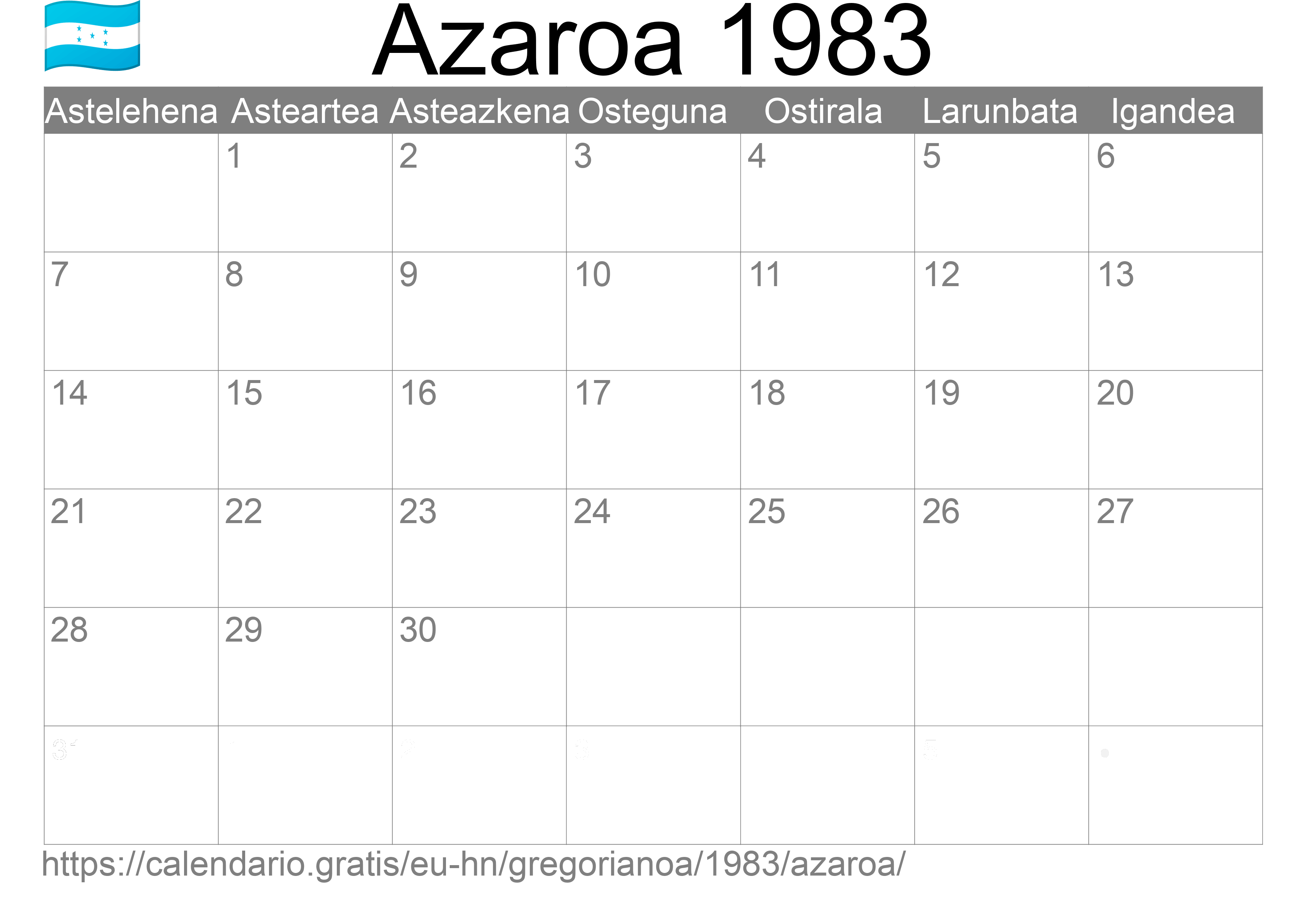 1983ko Azaroa egutegia inprimatzeko