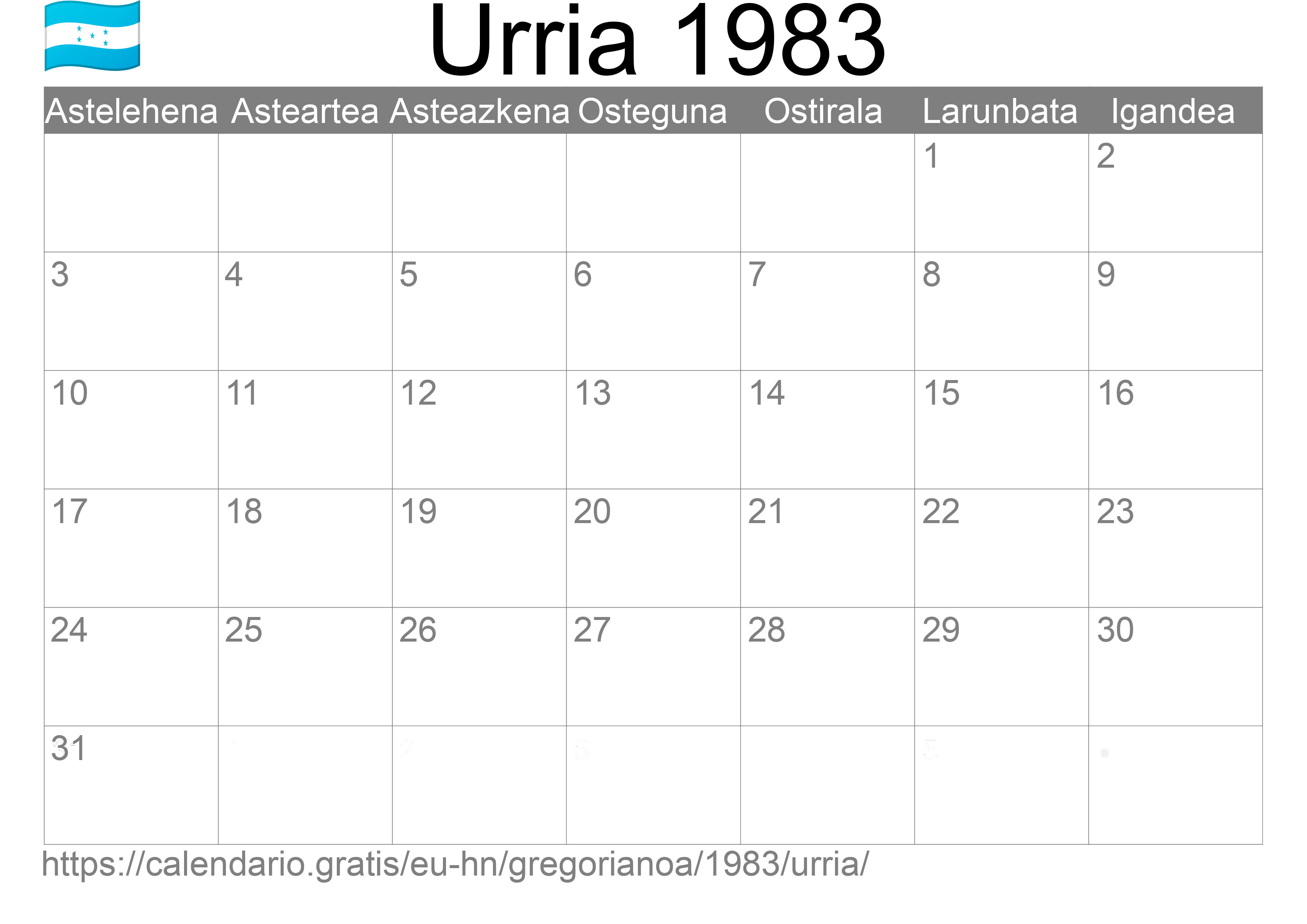 1983ko Urria egutegia inprimatzeko