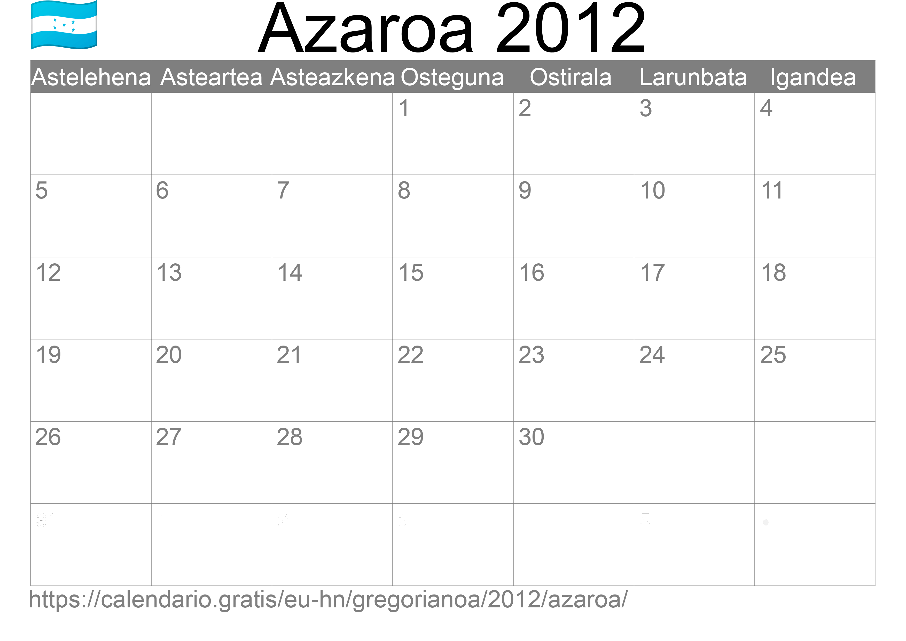 2012ko Azaroa egutegia inprimatzeko