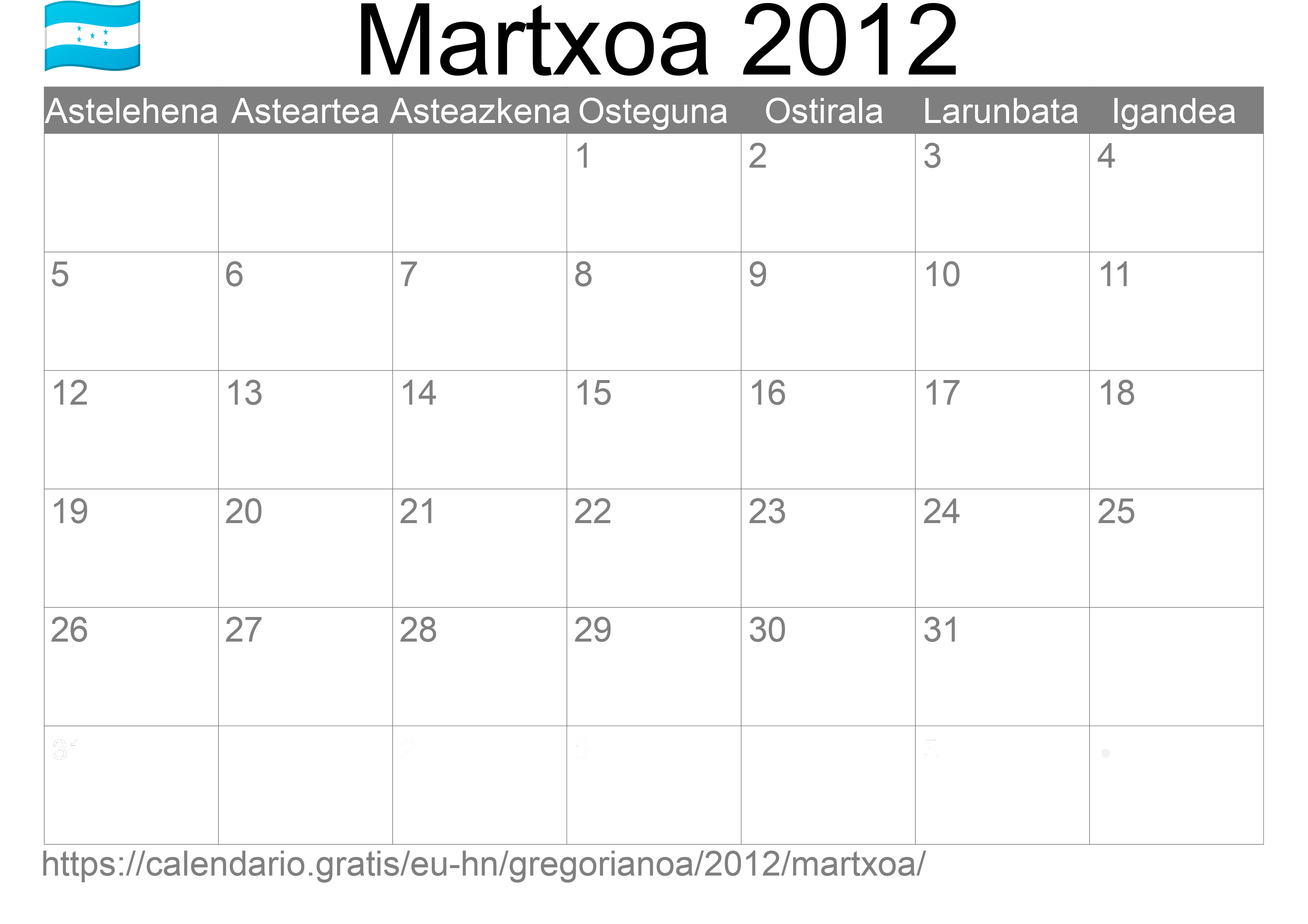 2012ko Martxoa egutegia inprimatzeko