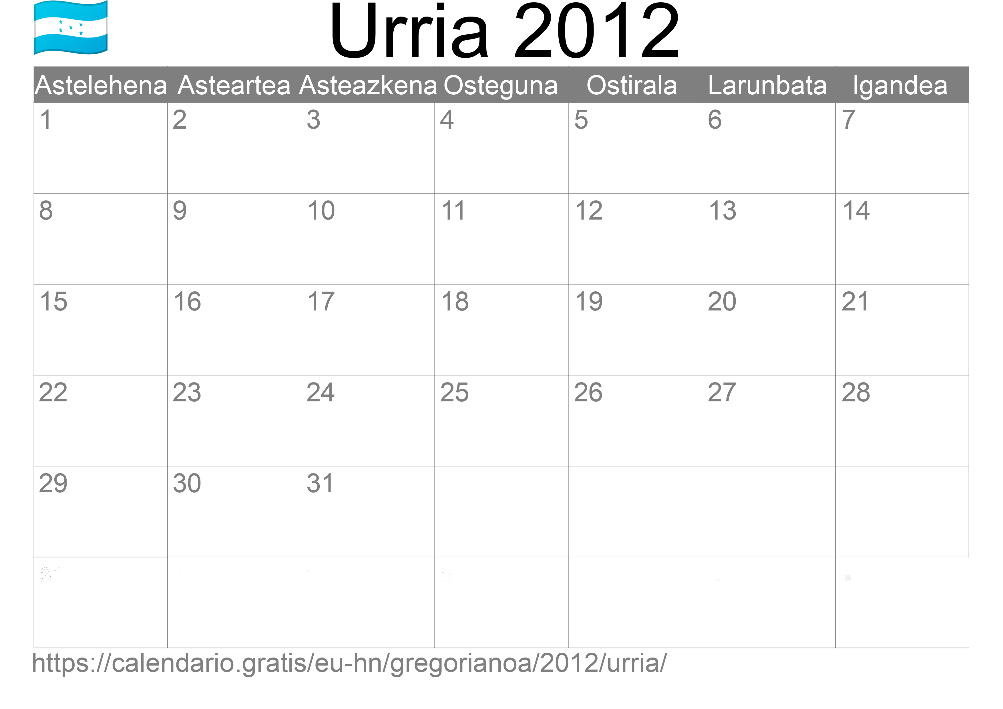 2012ko Urria egutegia inprimatzeko