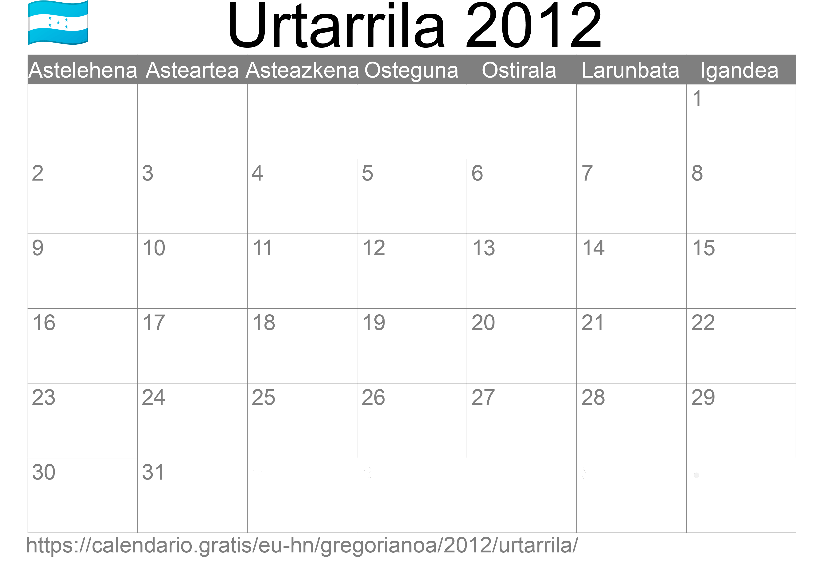 2012ko Urtarrila egutegia inprimatzeko