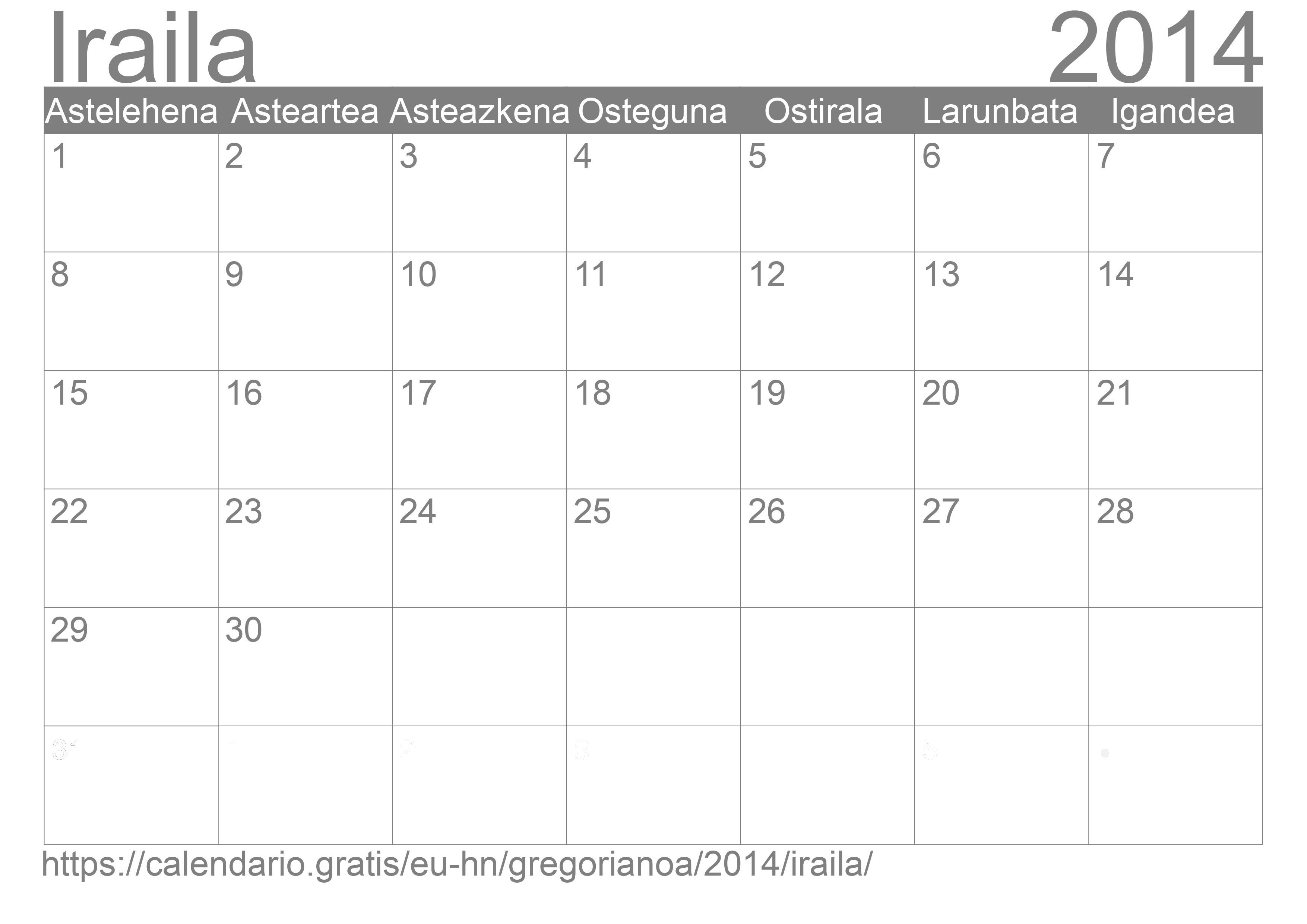 2014ko Iraila egutegia inprimatzeko