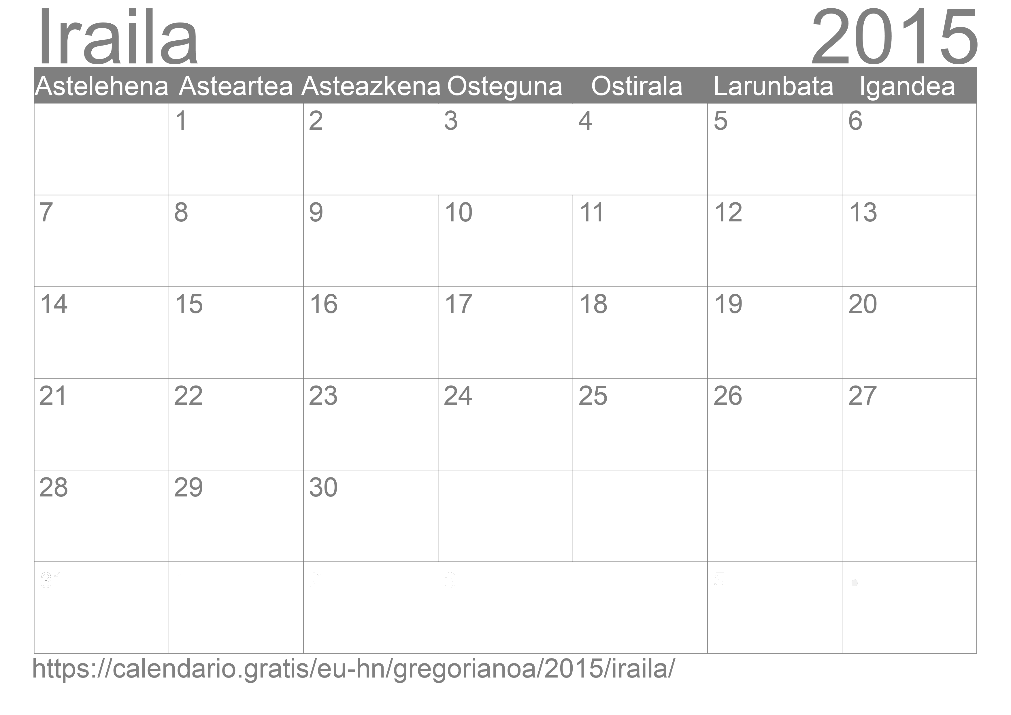 2015ko Iraila egutegia inprimatzeko