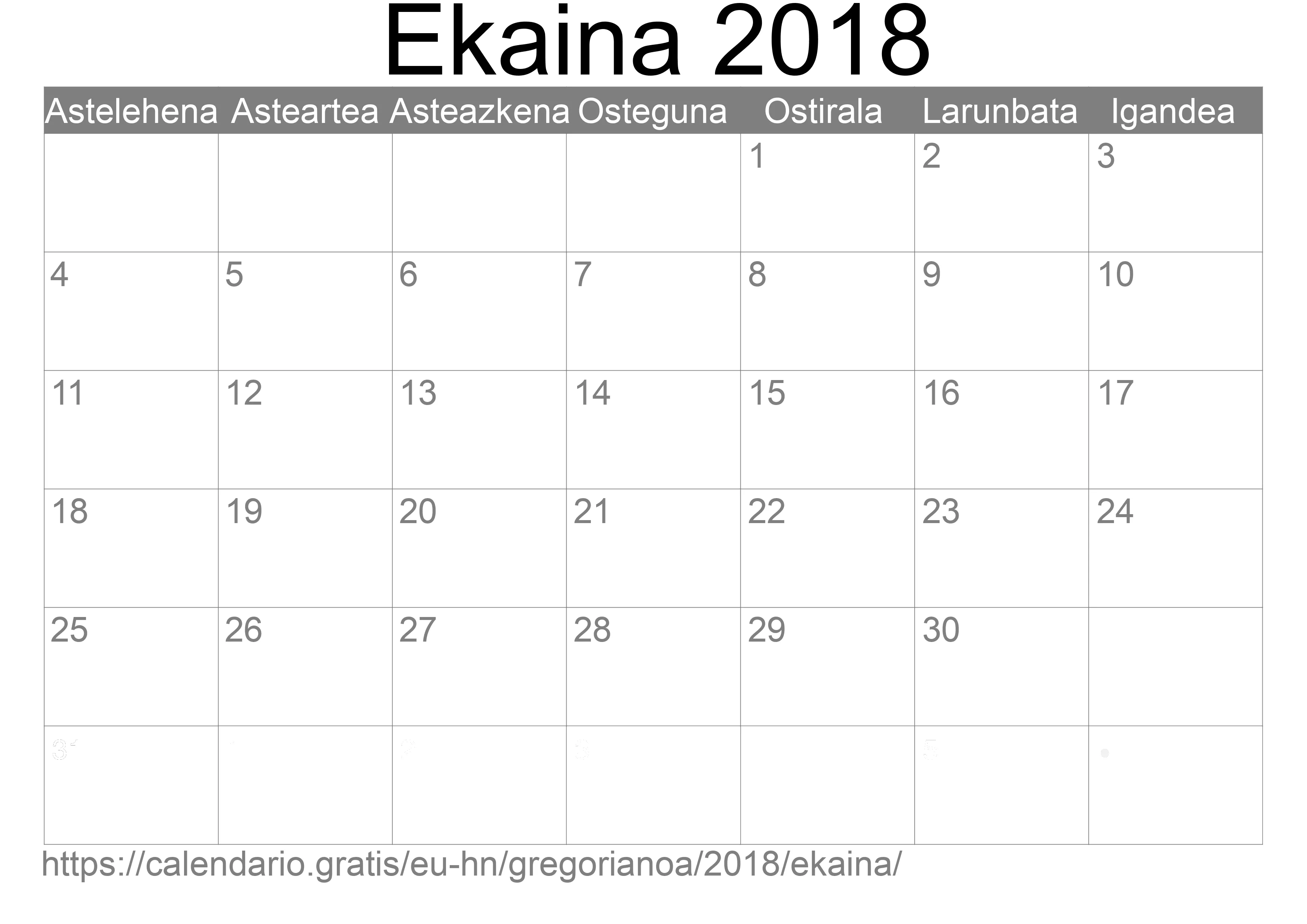 2018ko Ekaina egutegia inprimatzeko (Honduras) 2018ko Ekaina egutegia inprimatzeko (Honduras)