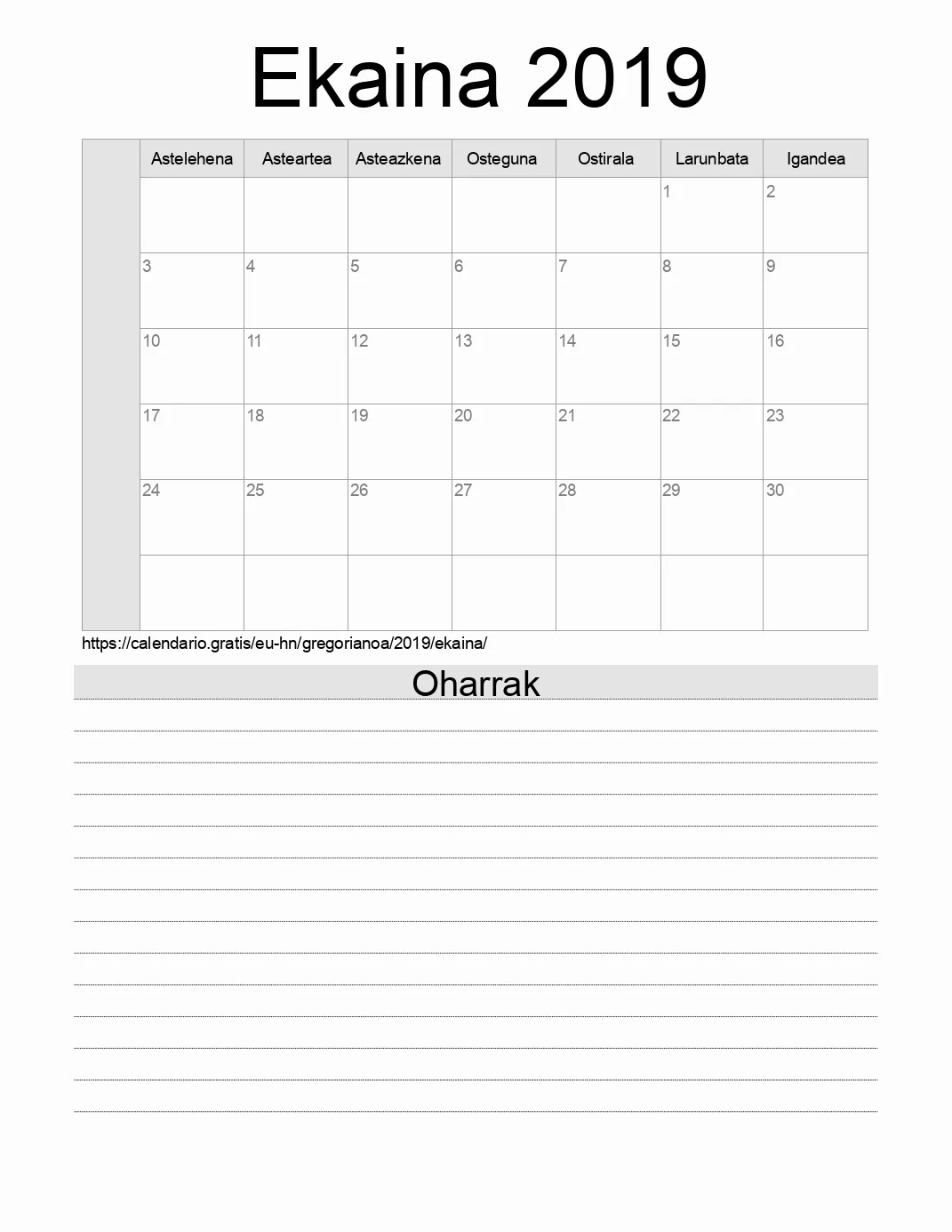 Inprimatzeko Ekaina 2019 egutegia, oharrekin. (Honduras)