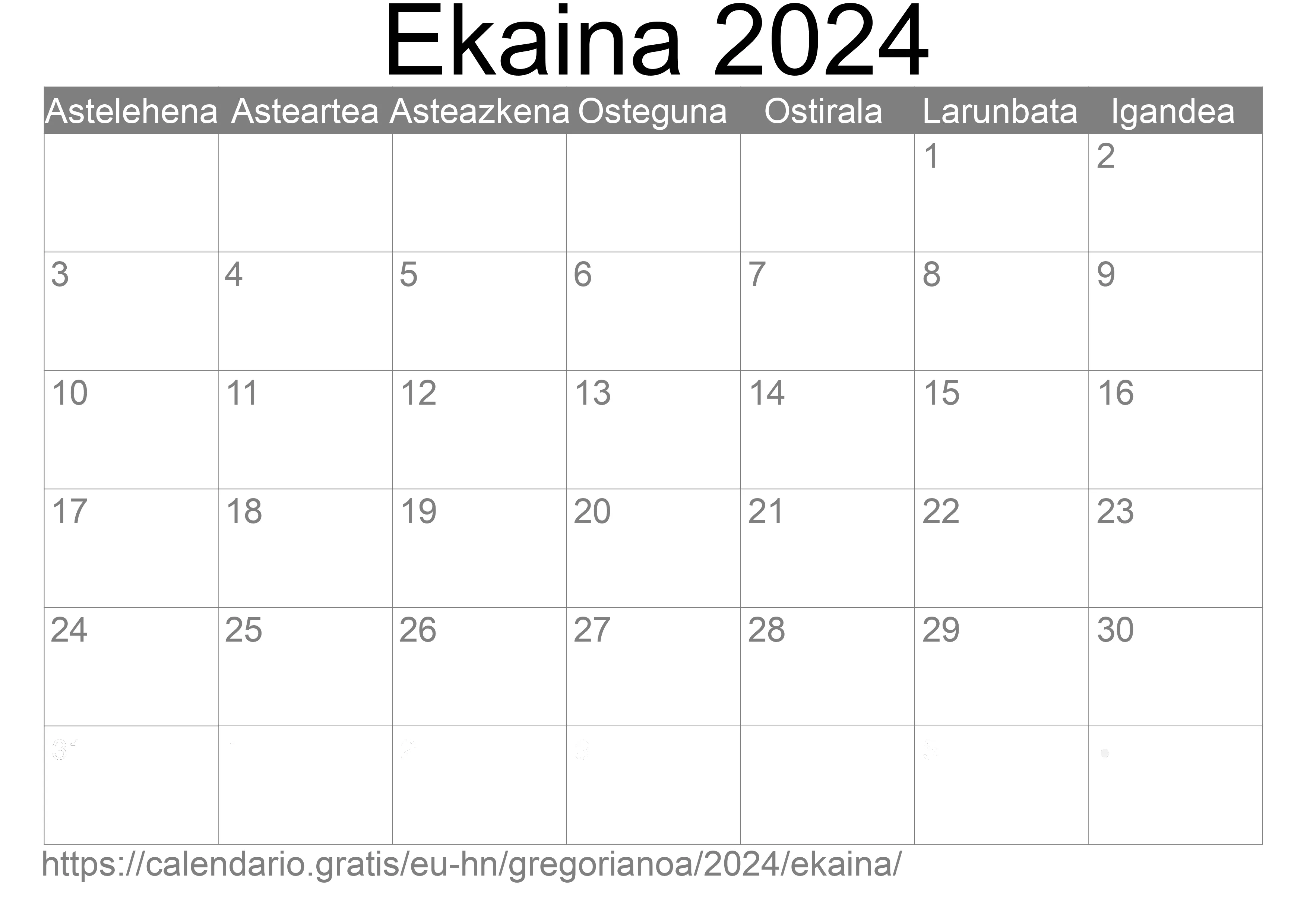 2024ko Ekaina egutegia inprimatzeko (Honduras) 2024ko Ekaina egutegia inprimatzeko (Honduras)