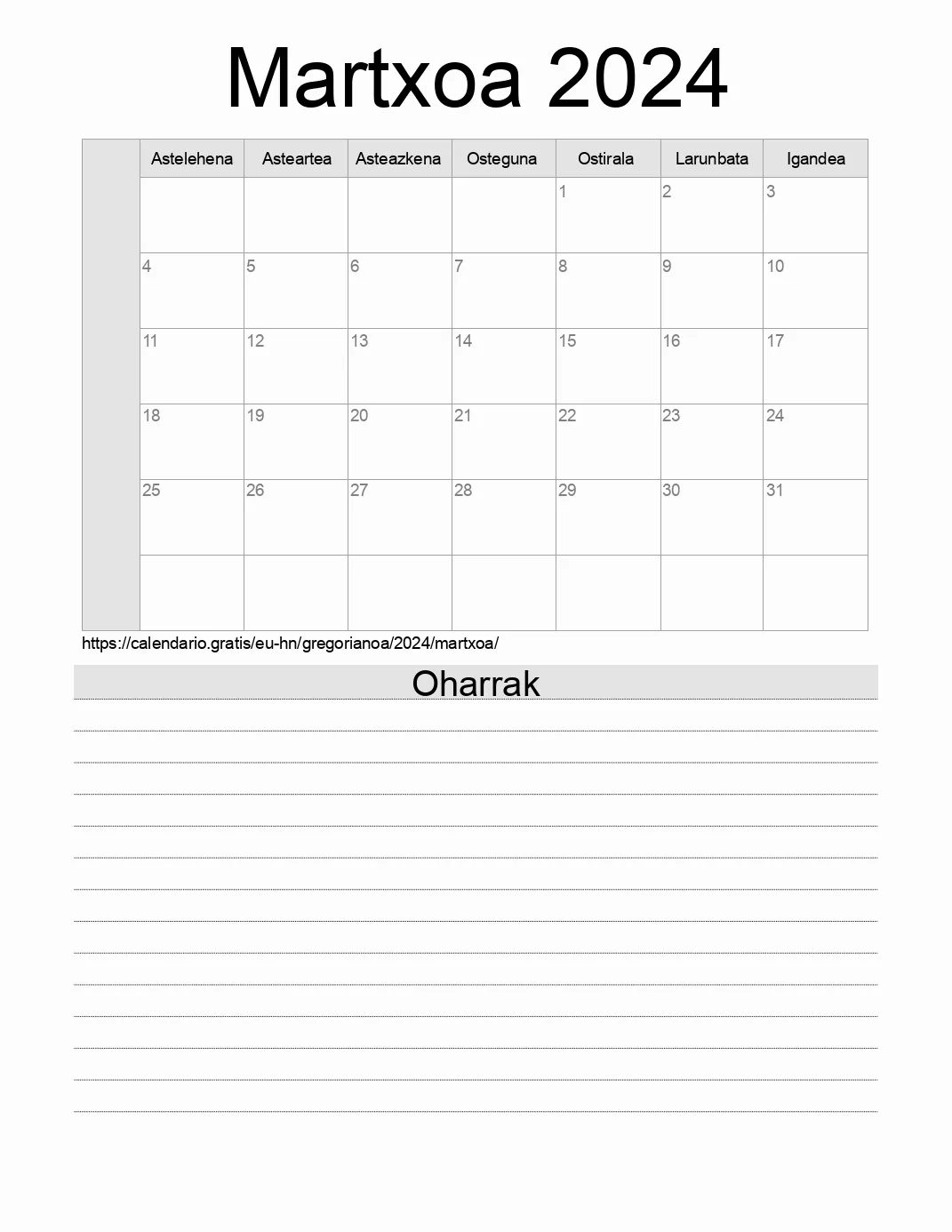 Inprimatzeko Martxoa 2024 egutegia, oharrekin. (Honduras) Inprimatzeko Martxoa 2024 egutegia, oharrekin. (Honduras)