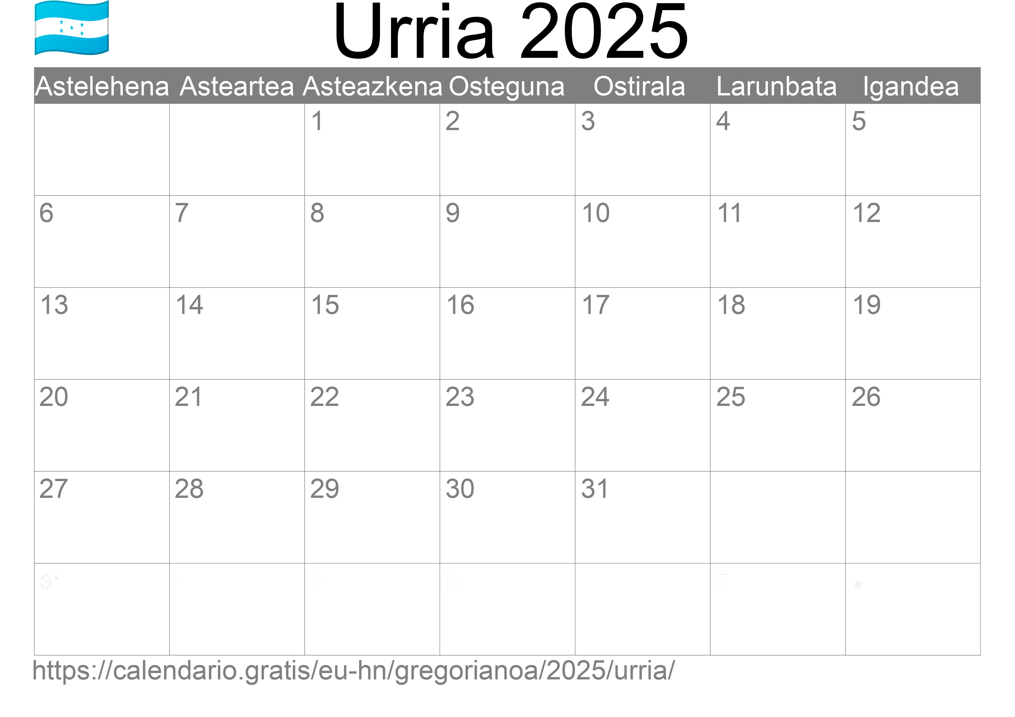 2025ko Urria egutegia inprimatzeko