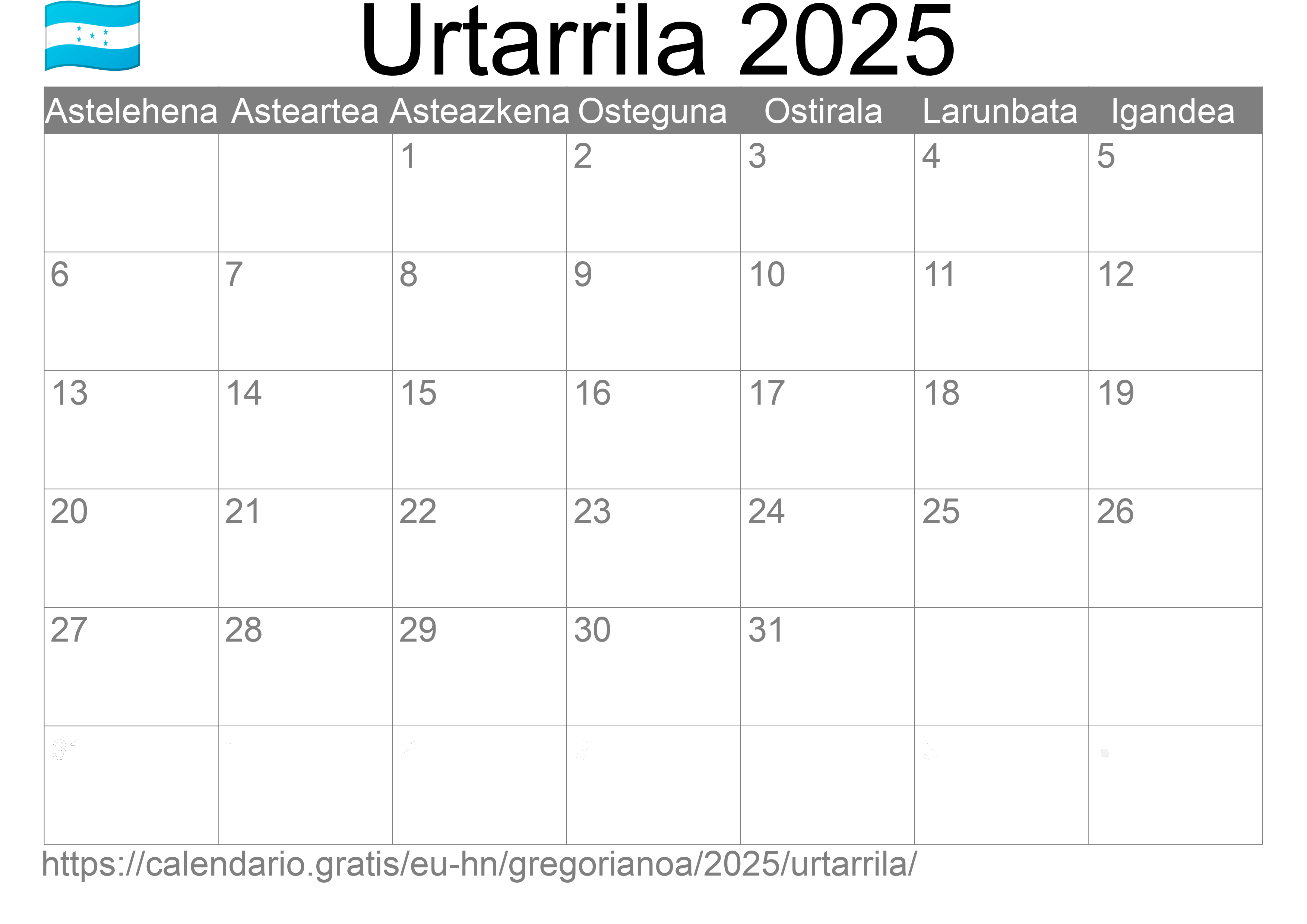 2025ko Urtarrila egutegia inprimatzeko