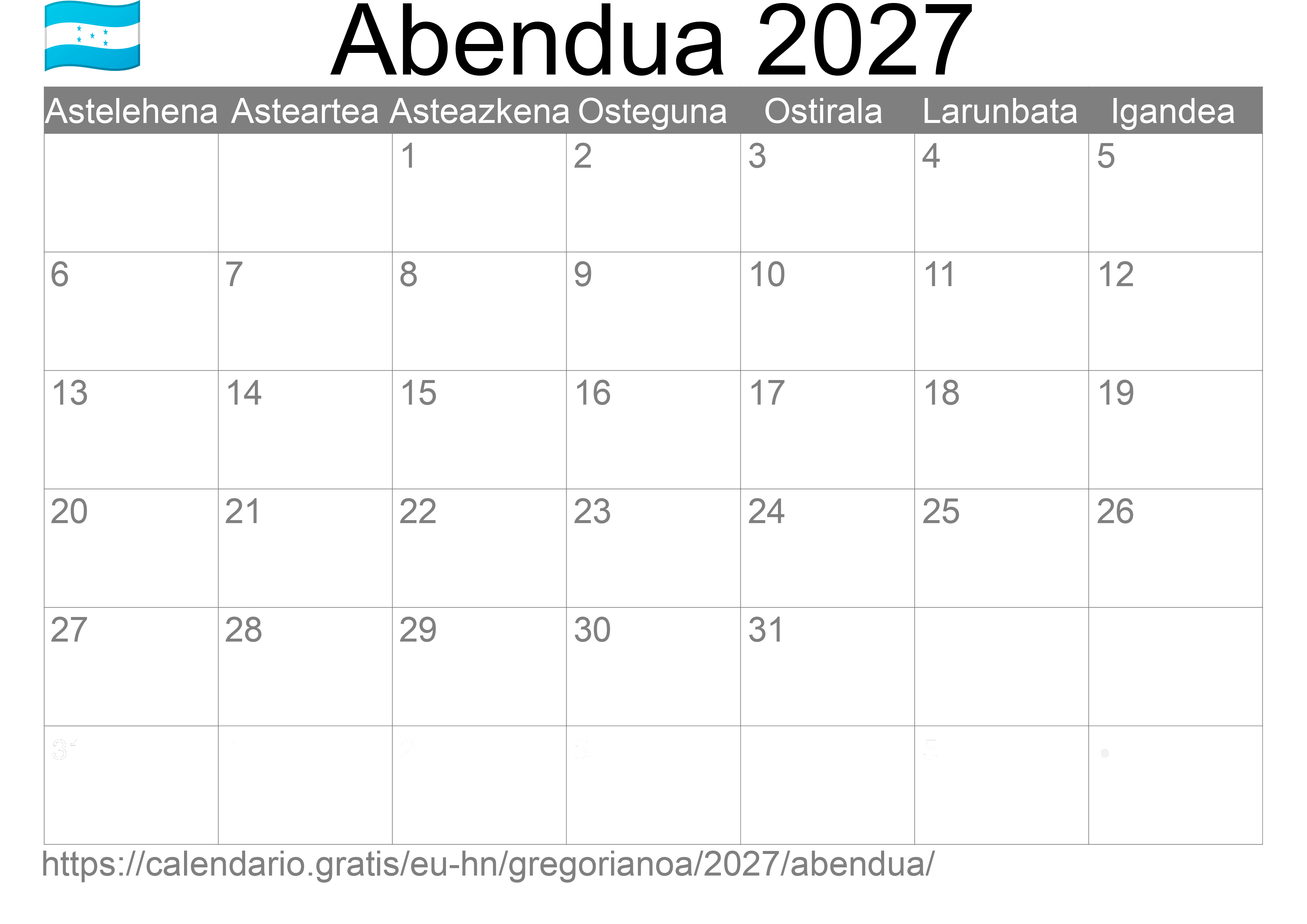 2027ko Abendua egutegia inprimatzeko