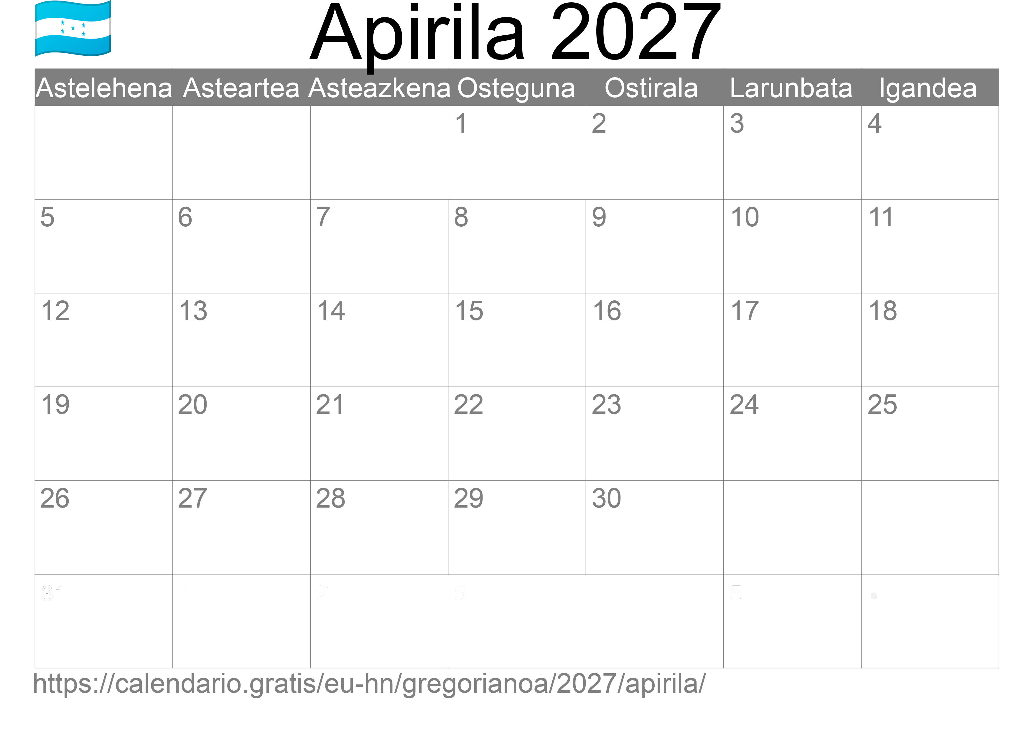 2027ko Apirila egutegia inprimatzeko