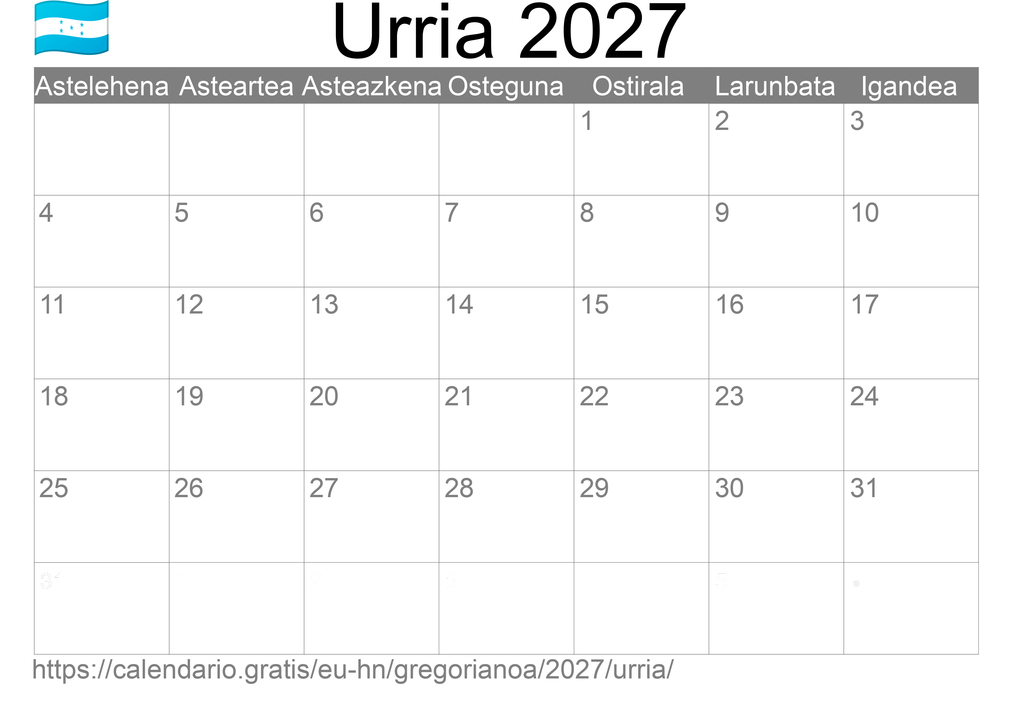 2027ko Urria egutegia inprimatzeko