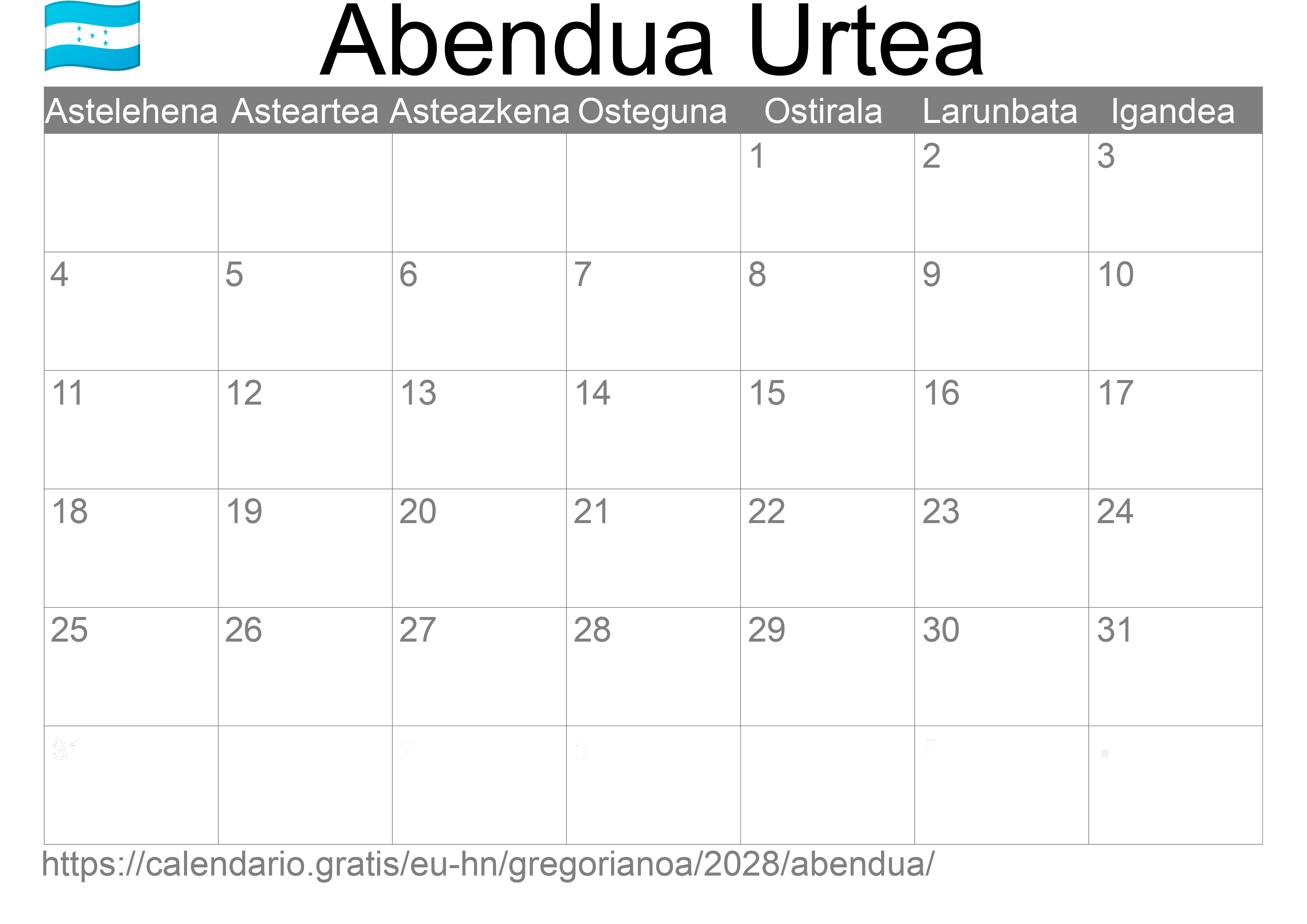 2028ko Abendua egutegia inprimatzeko