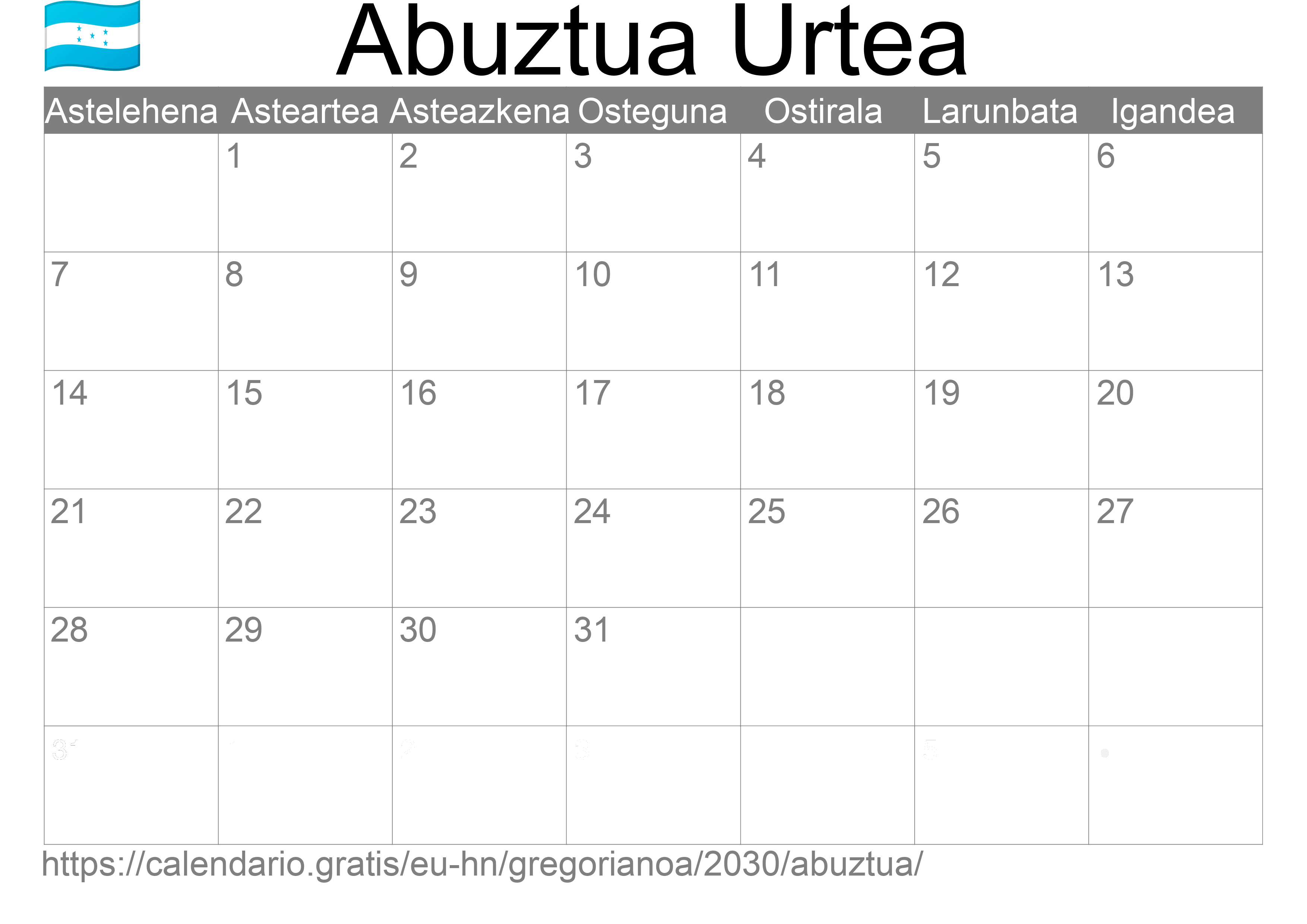 2030ko Abuztua egutegia inprimatzeko