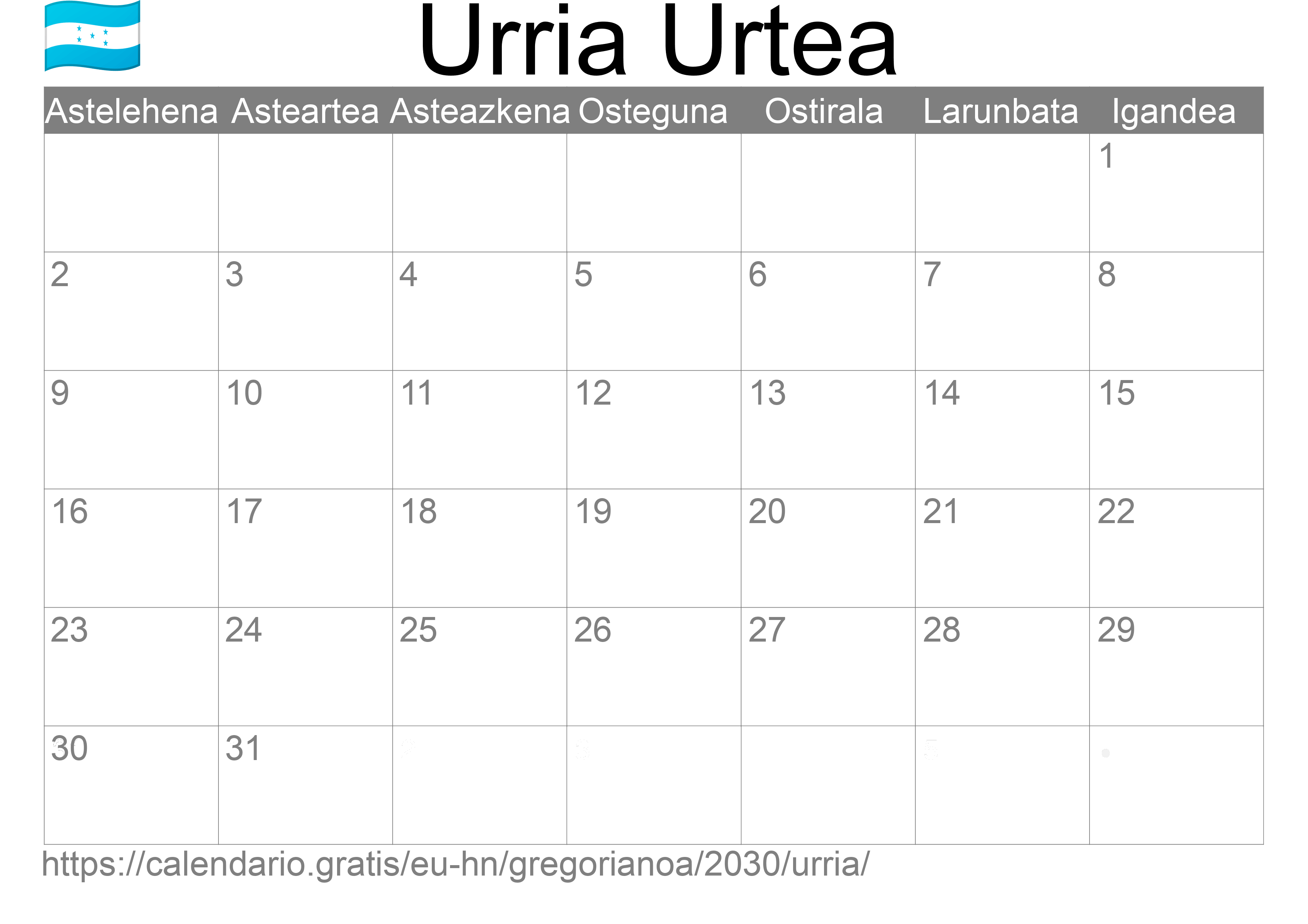 2030ko Urria egutegia inprimatzeko