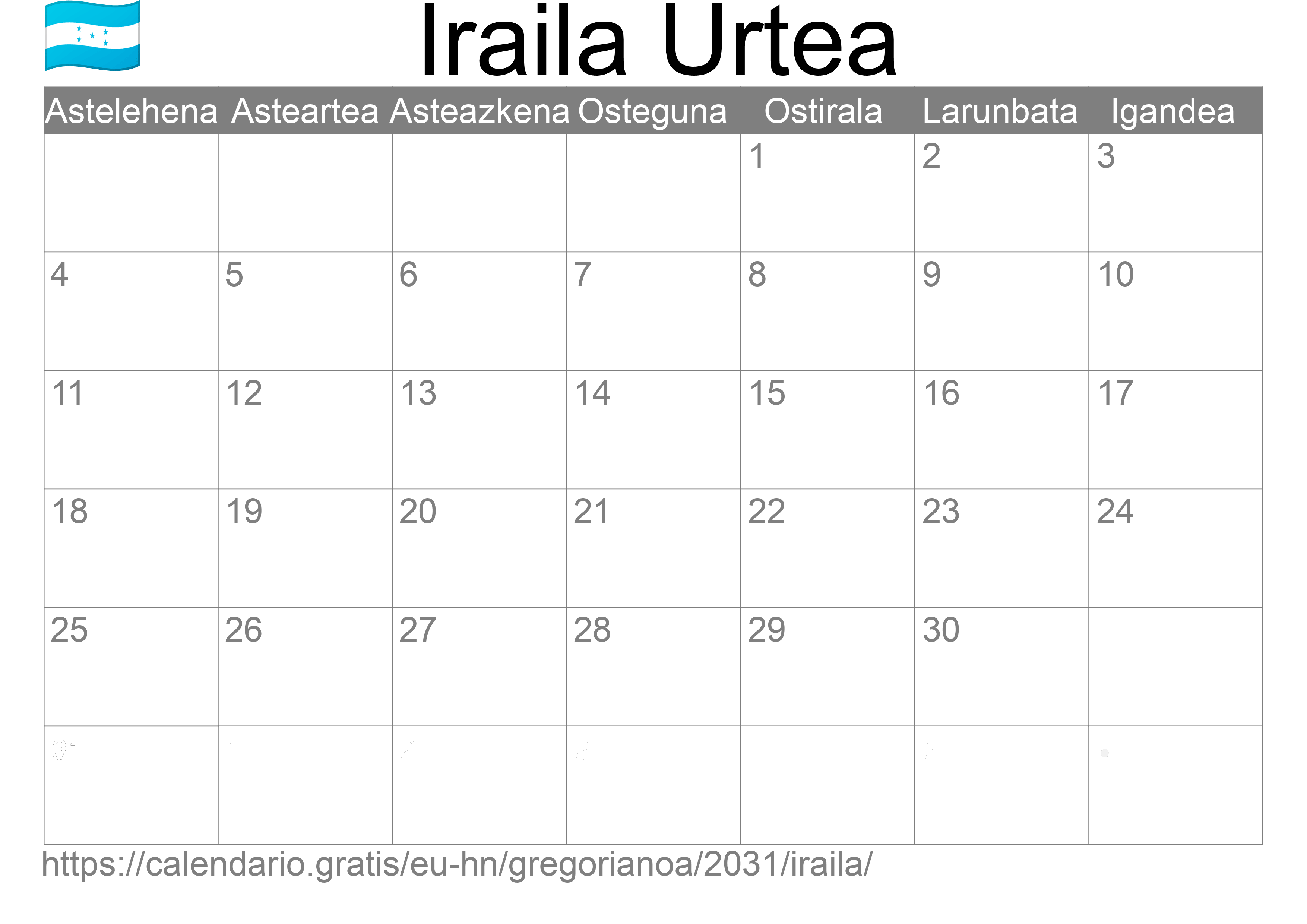 2031ko Iraila egutegia inprimatzeko