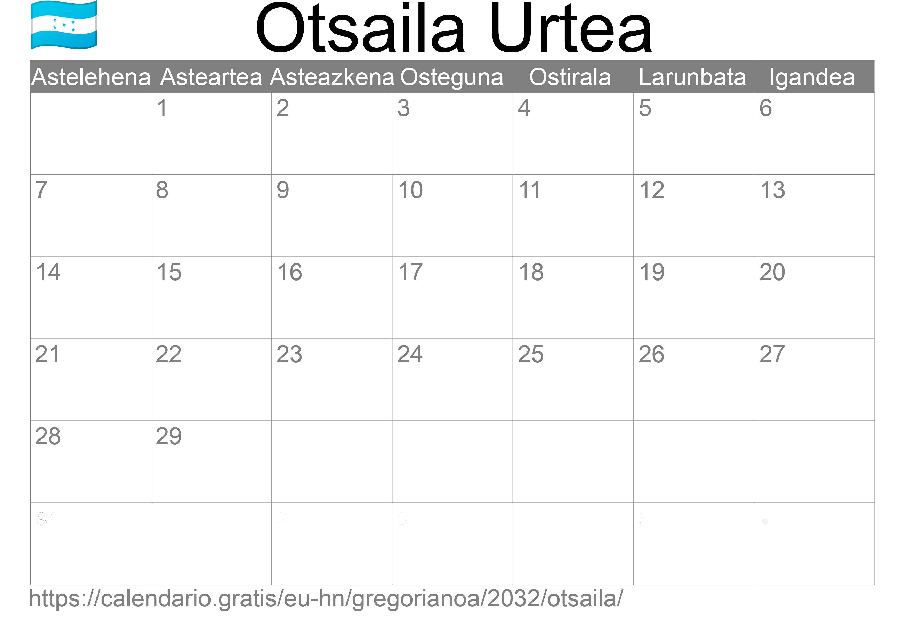 2032ko Otsaila egutegia inprimatzeko