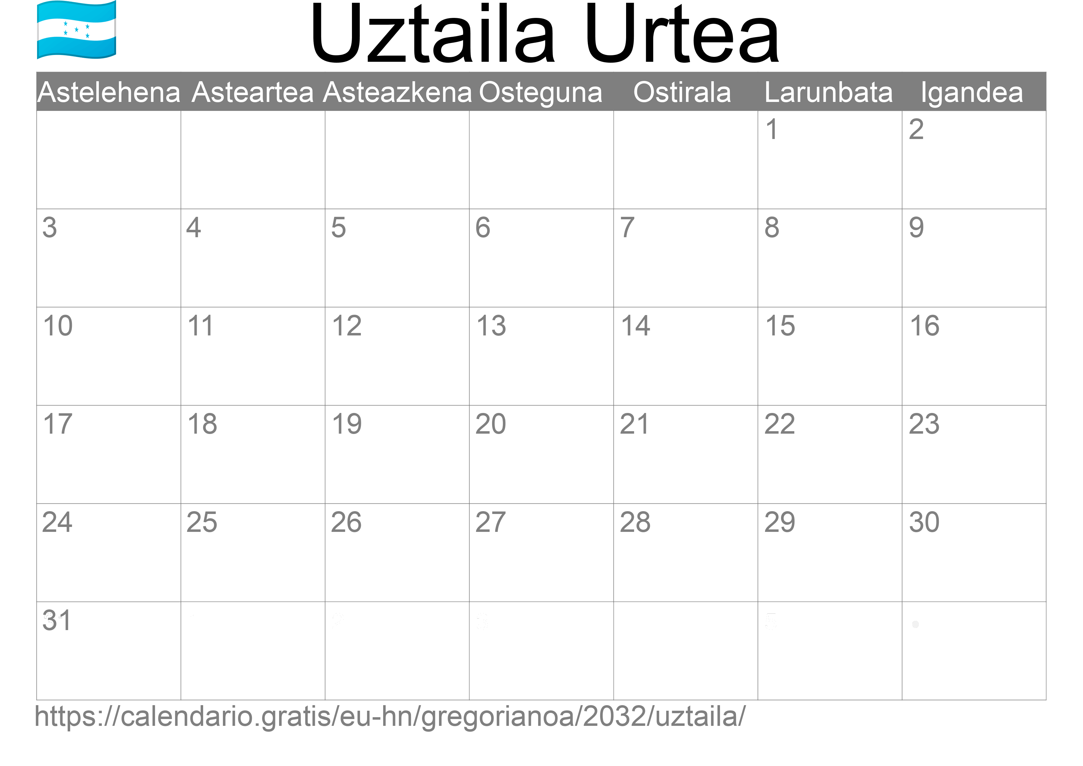 2032ko Uztaila egutegia inprimatzeko