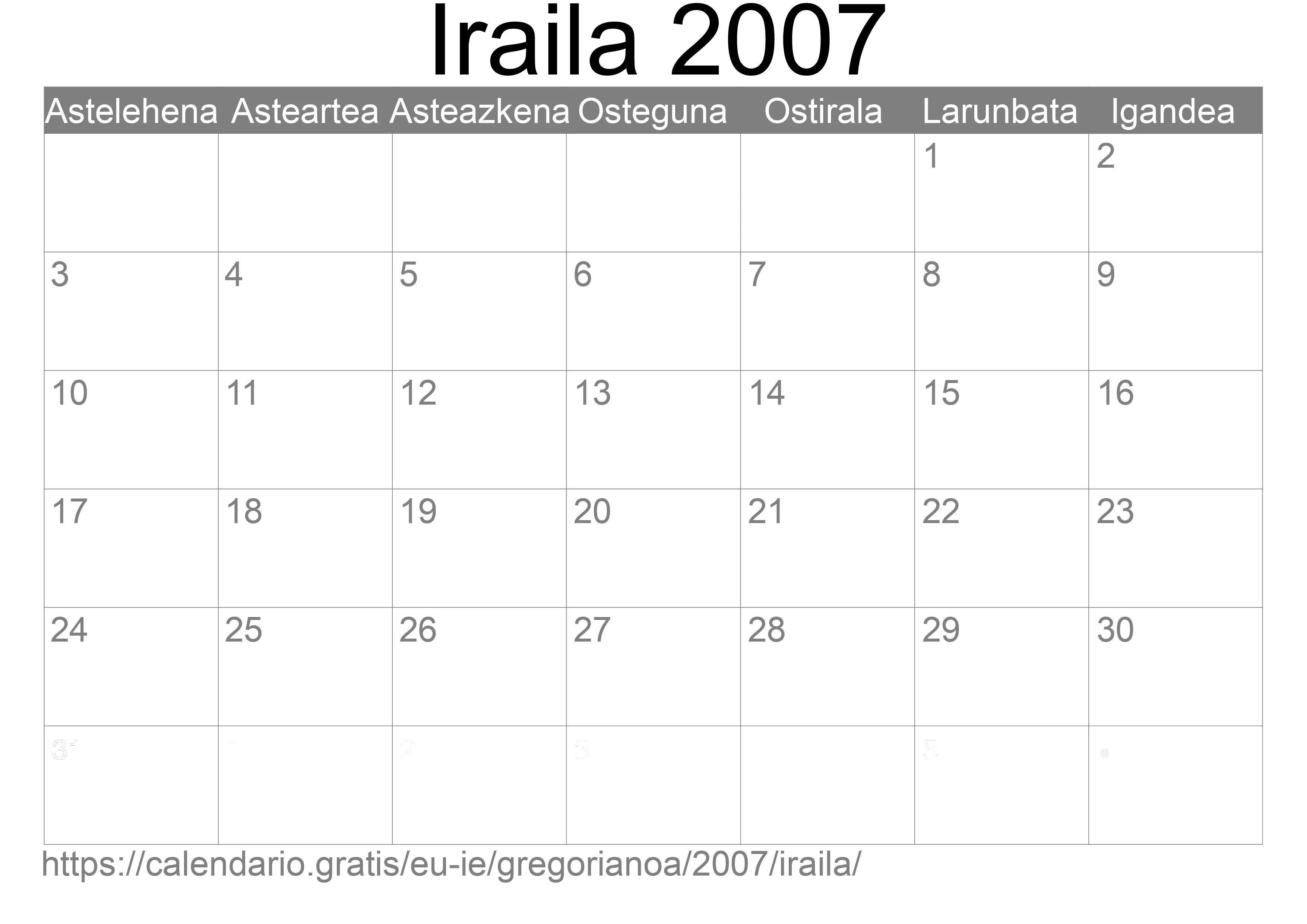 2007ko Iraila egutegia inprimatzeko (Eire) 2007ko Iraila egutegia inprimatzeko (Eire)
