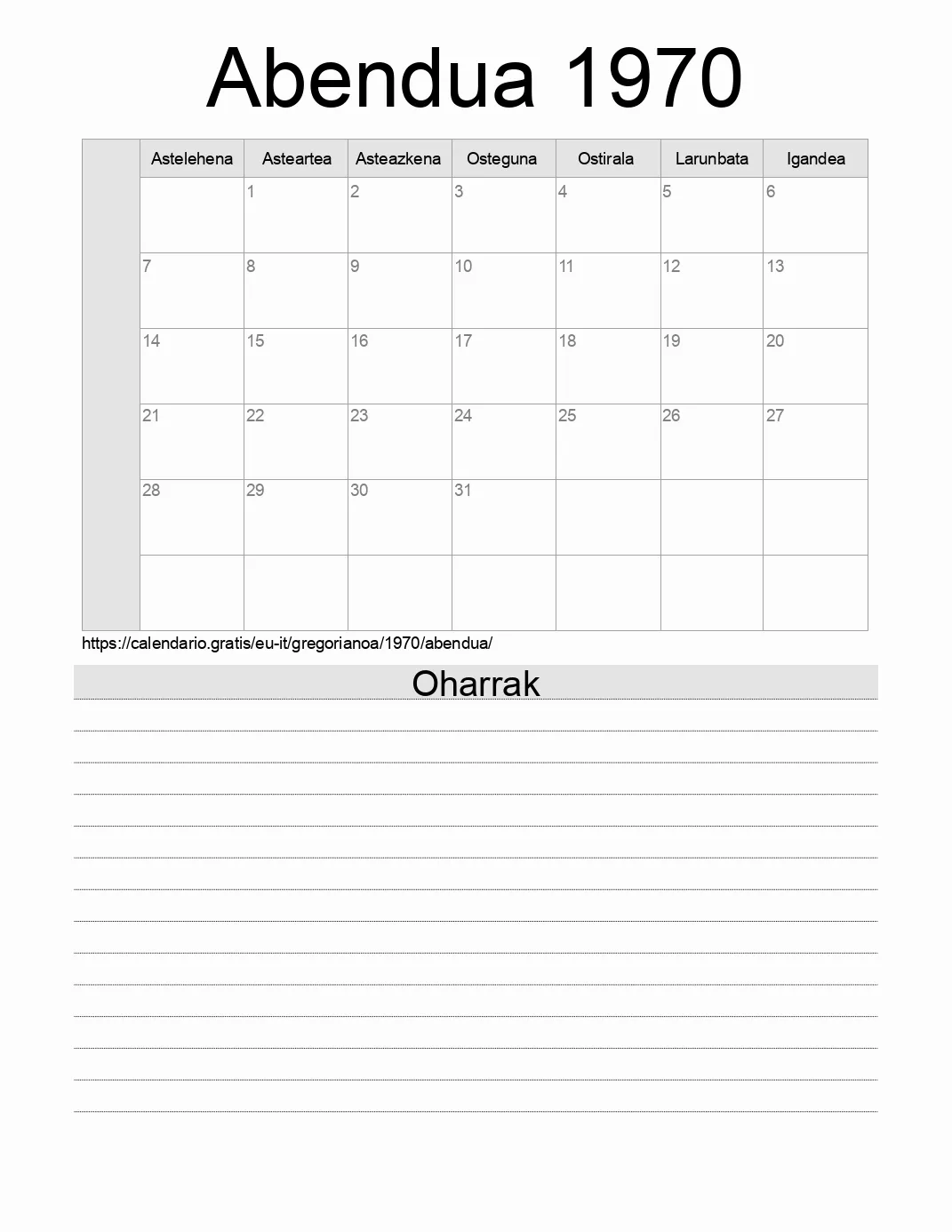 Inprimatzeko Abendua 1970 egutegia, oharrekin. (Italia)