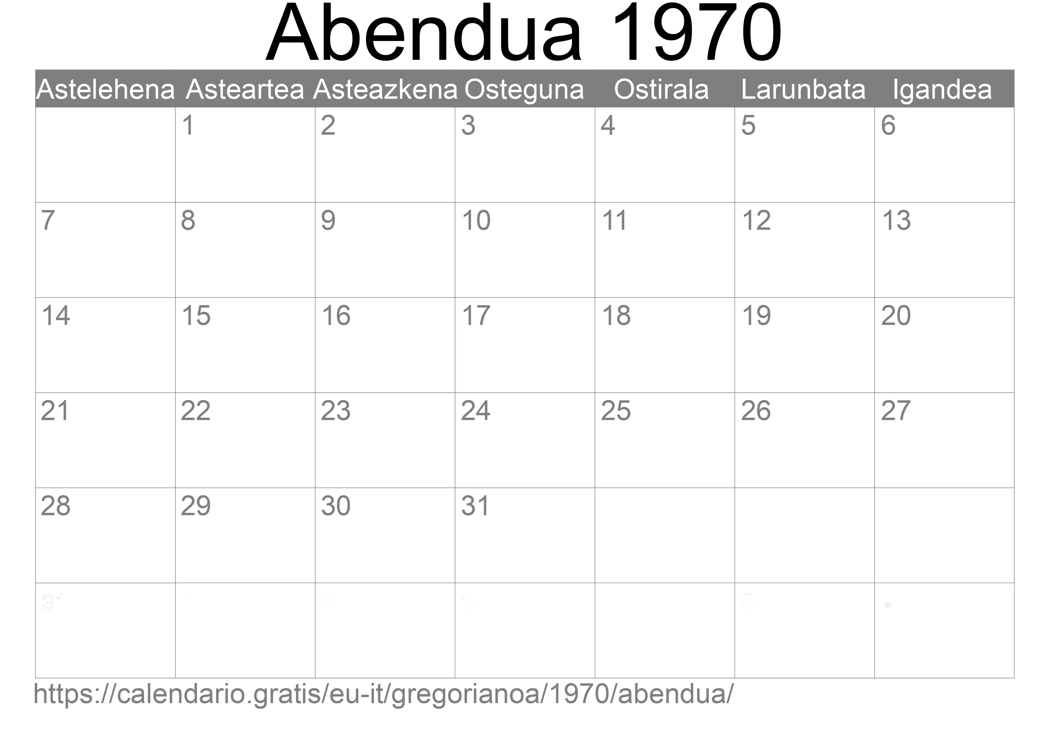 1970ko Abendua egutegia inprimatzeko (Italia)