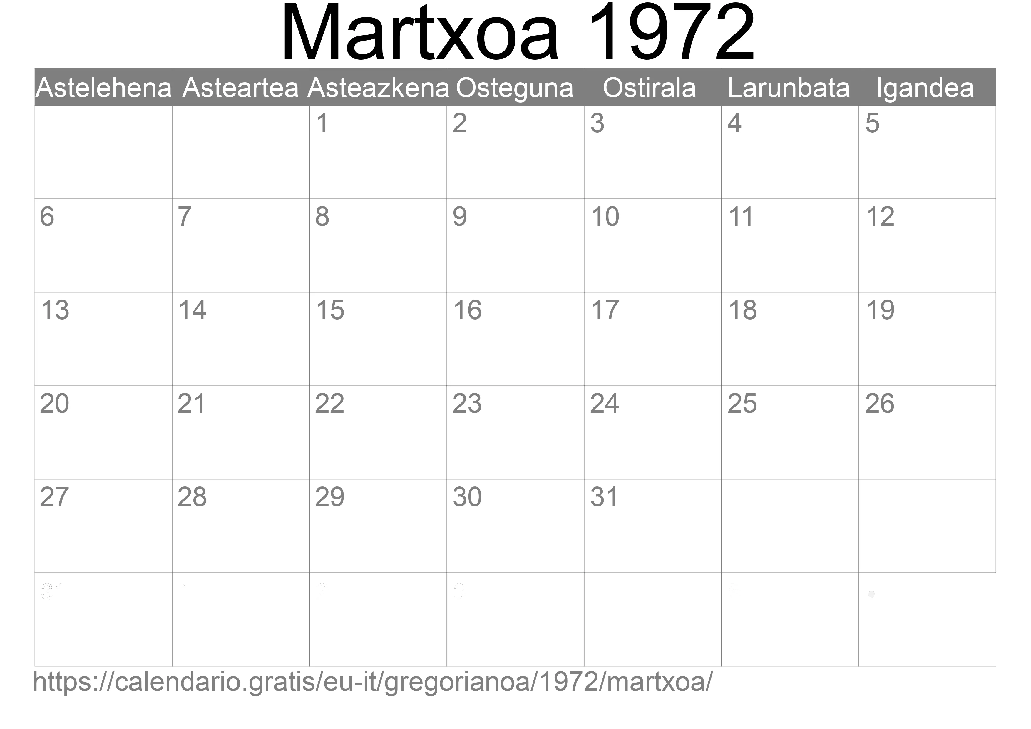 1972ko Martxoa egutegia inprimatzeko (Italia)