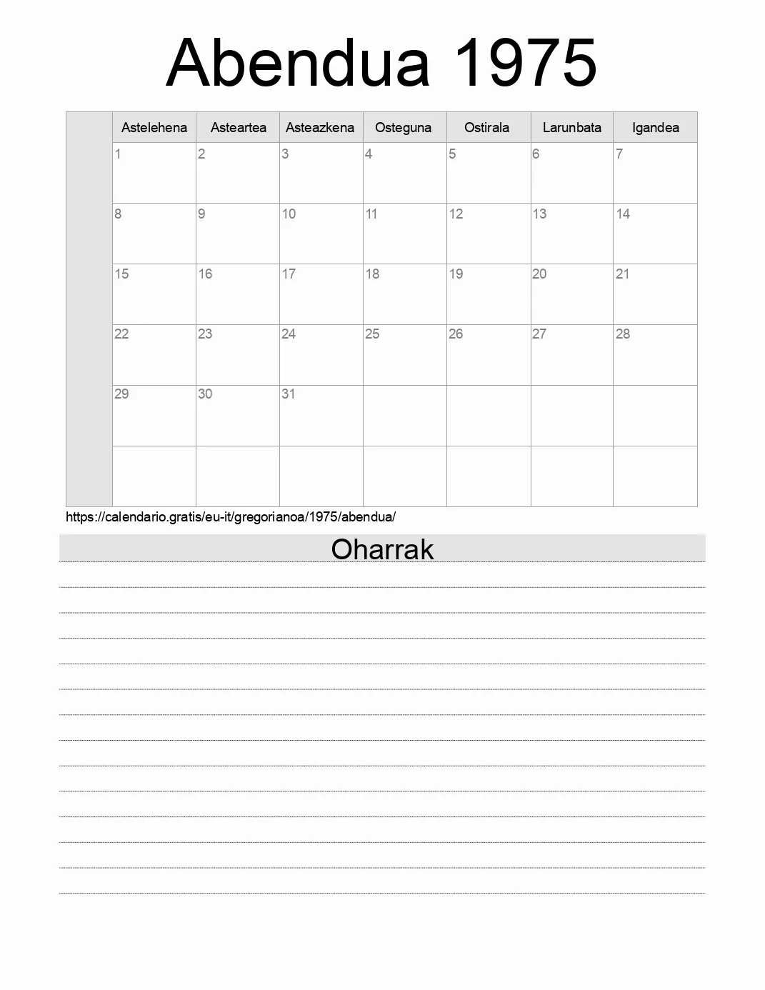 Inprimatzeko Abendua 1975 egutegia, oharrekin. (Italia)
