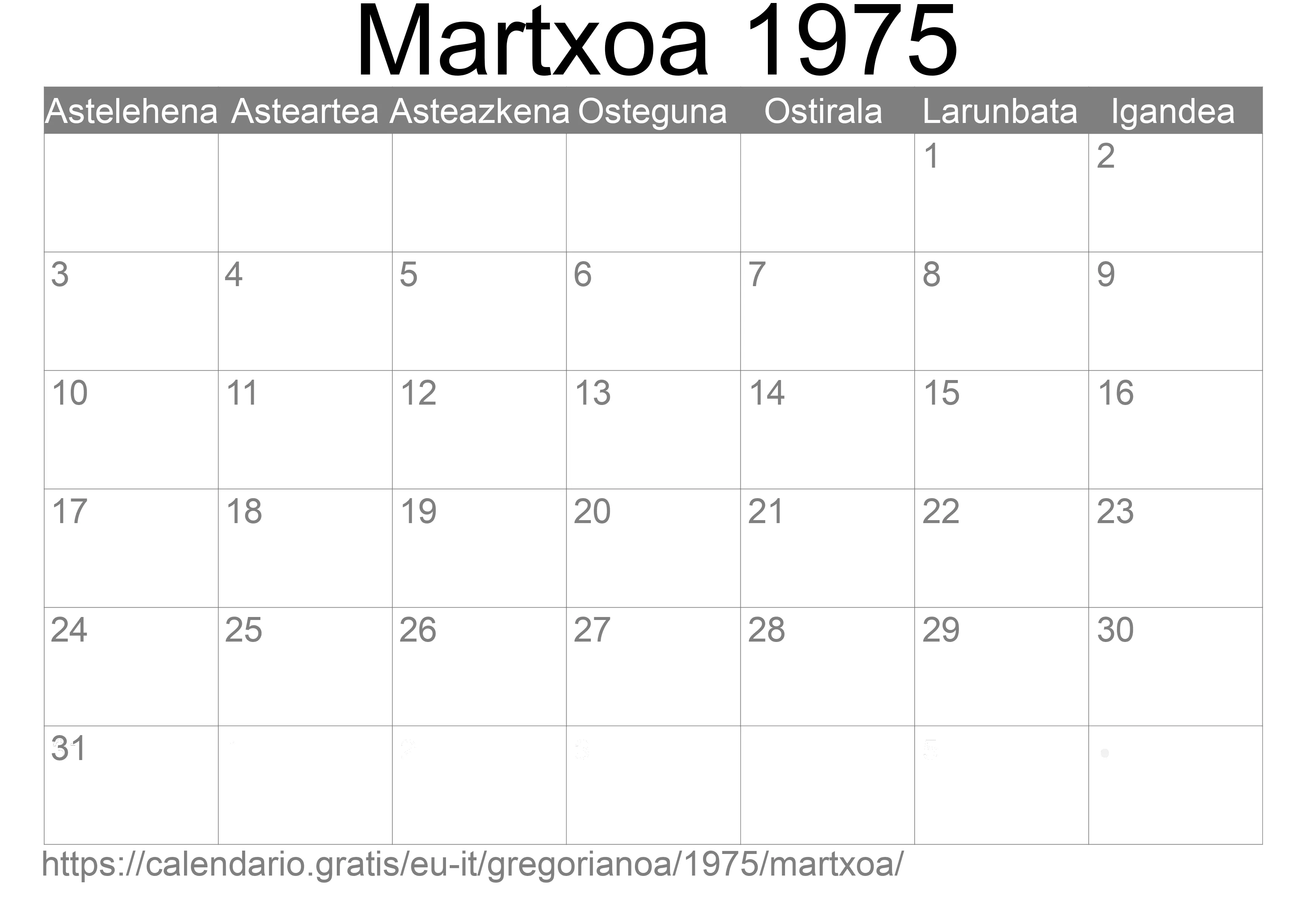 1975ko Martxoa egutegia inprimatzeko (Italia)