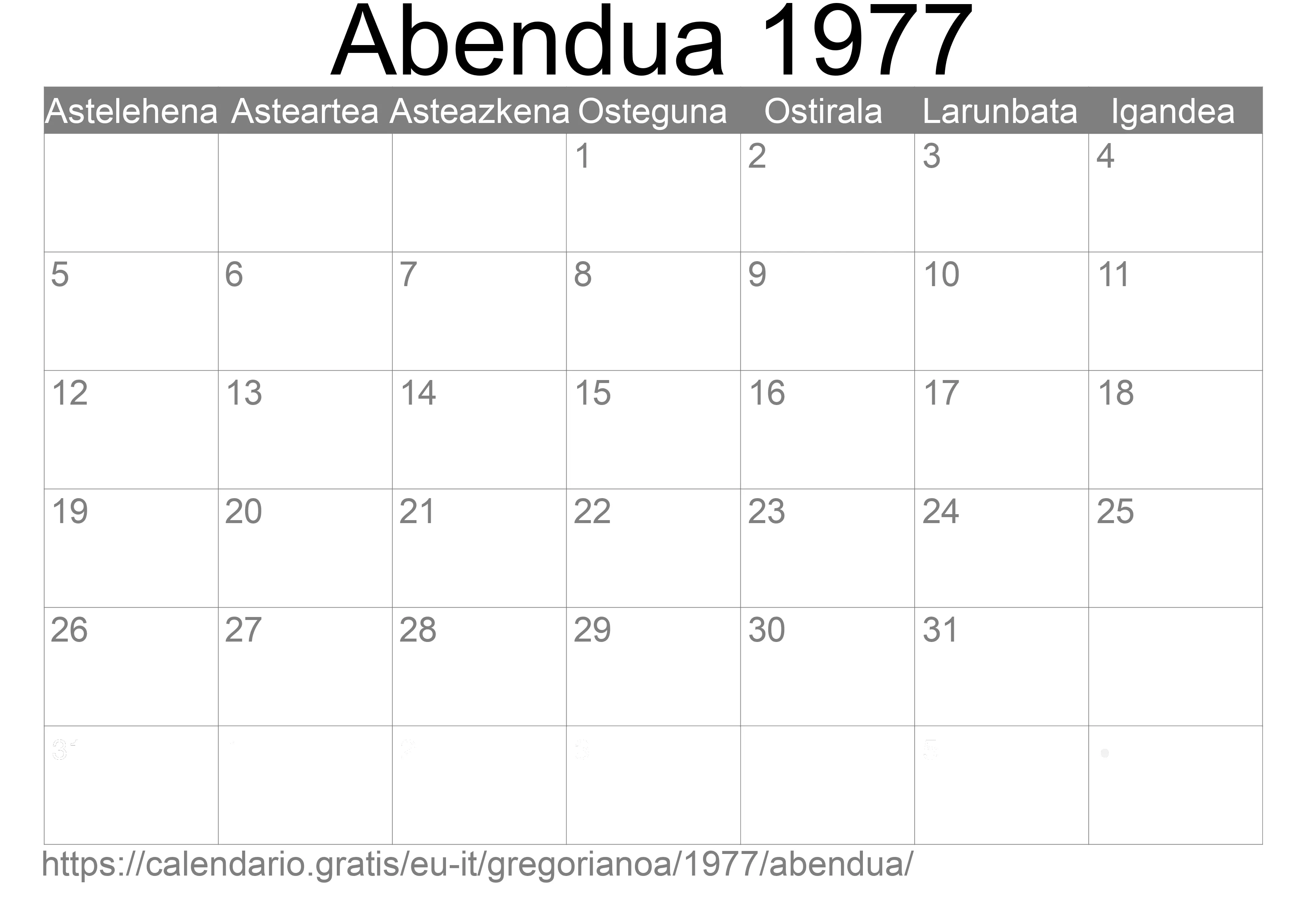 1977ko Abendua egutegia inprimatzeko (Italia)