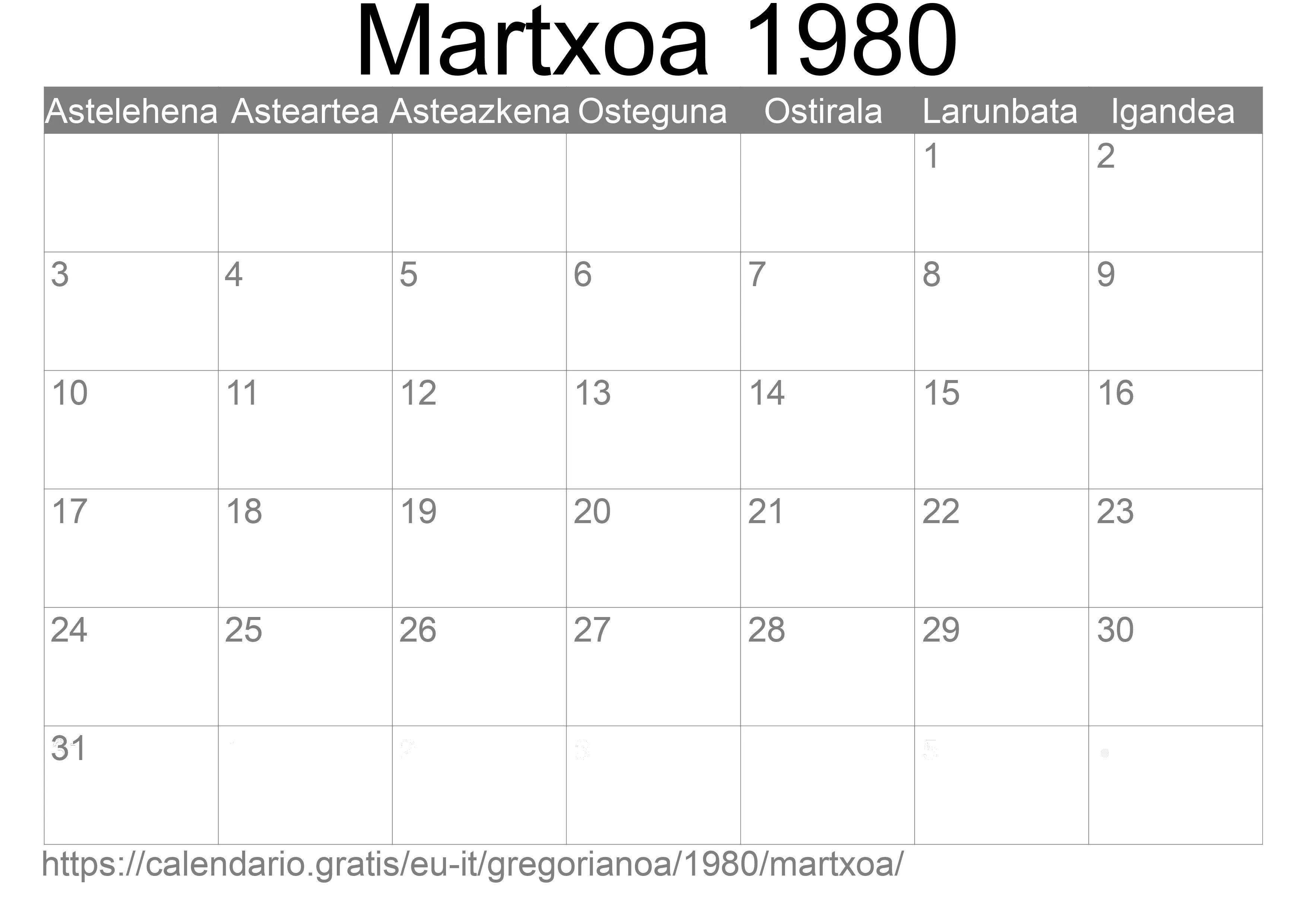1980ko Martxoa egutegia inprimatzeko (Italia)