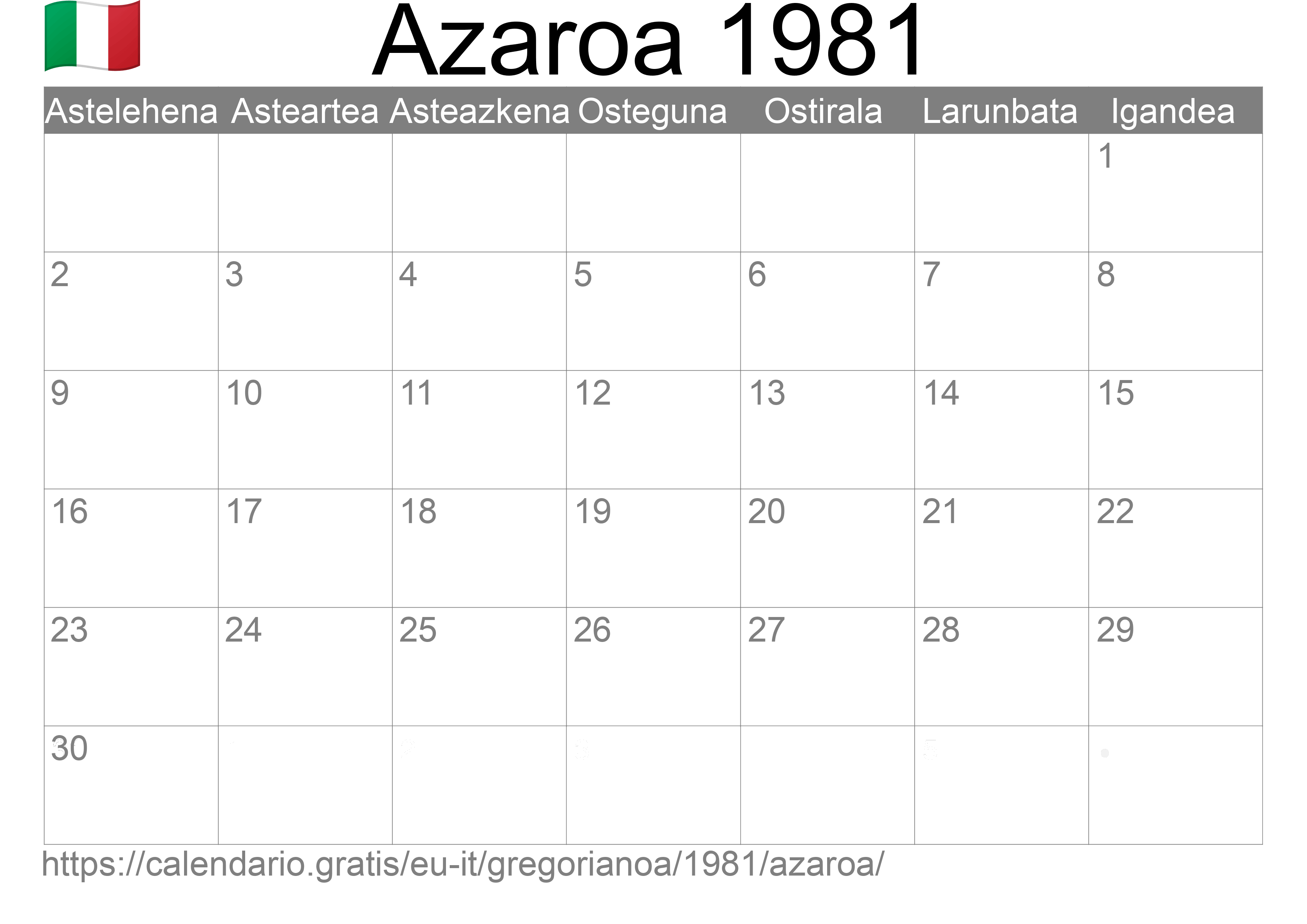 1981ko Azaroa egutegia inprimatzeko