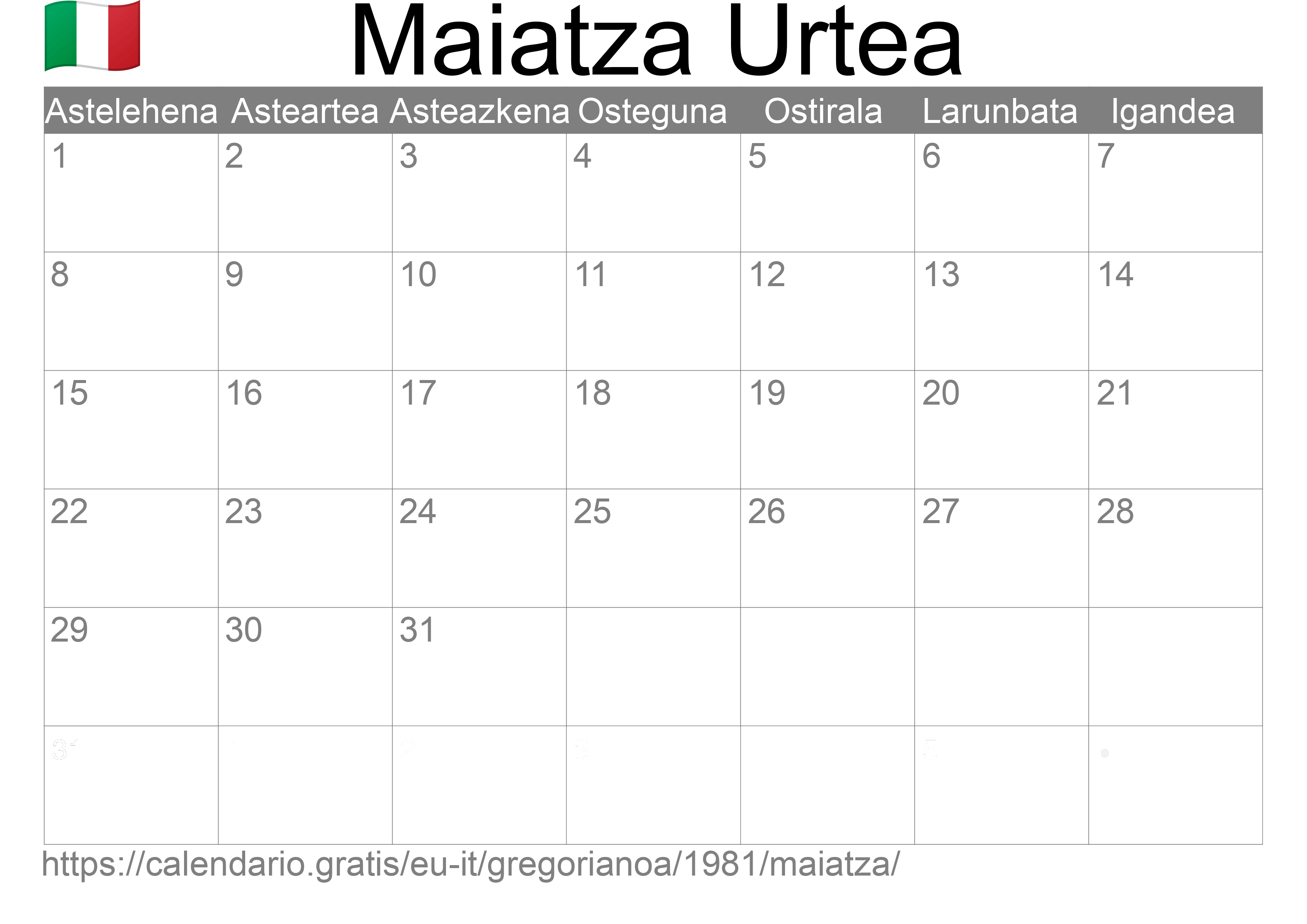 1981ko Maiatza egutegia inprimatzeko