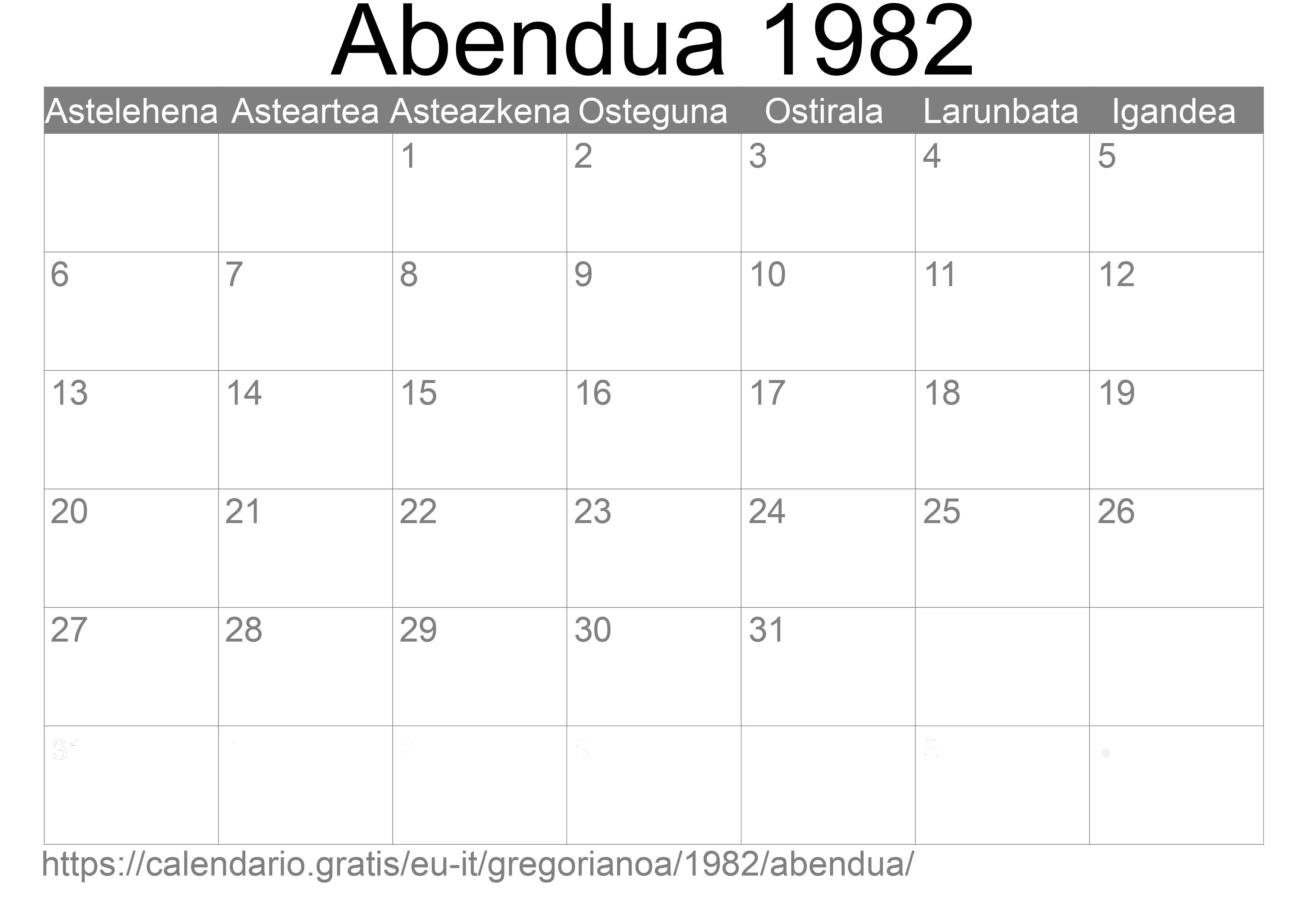 1982ko Abendua egutegia inprimatzeko (Italia)