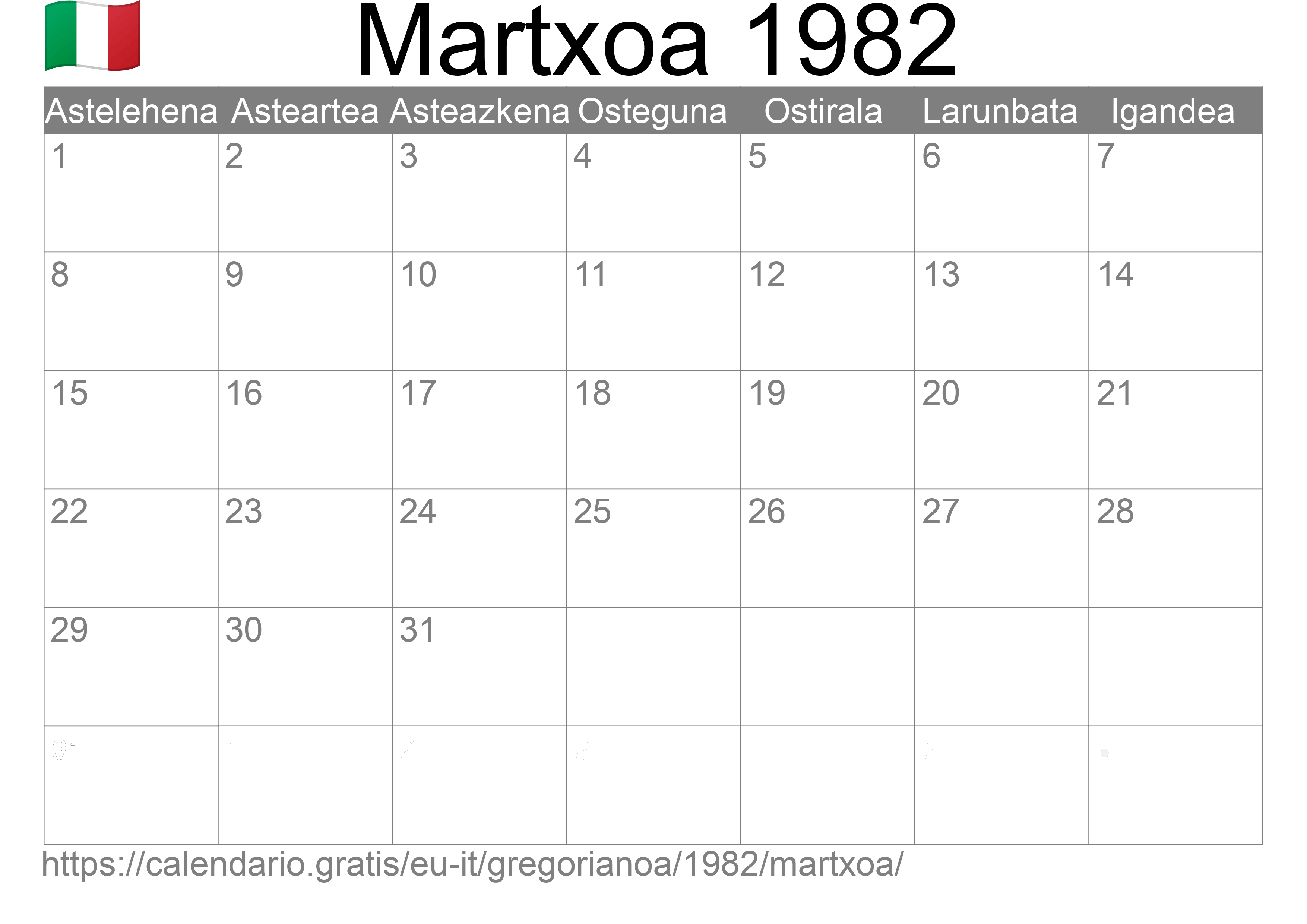 1982ko Martxoa egutegia inprimatzeko