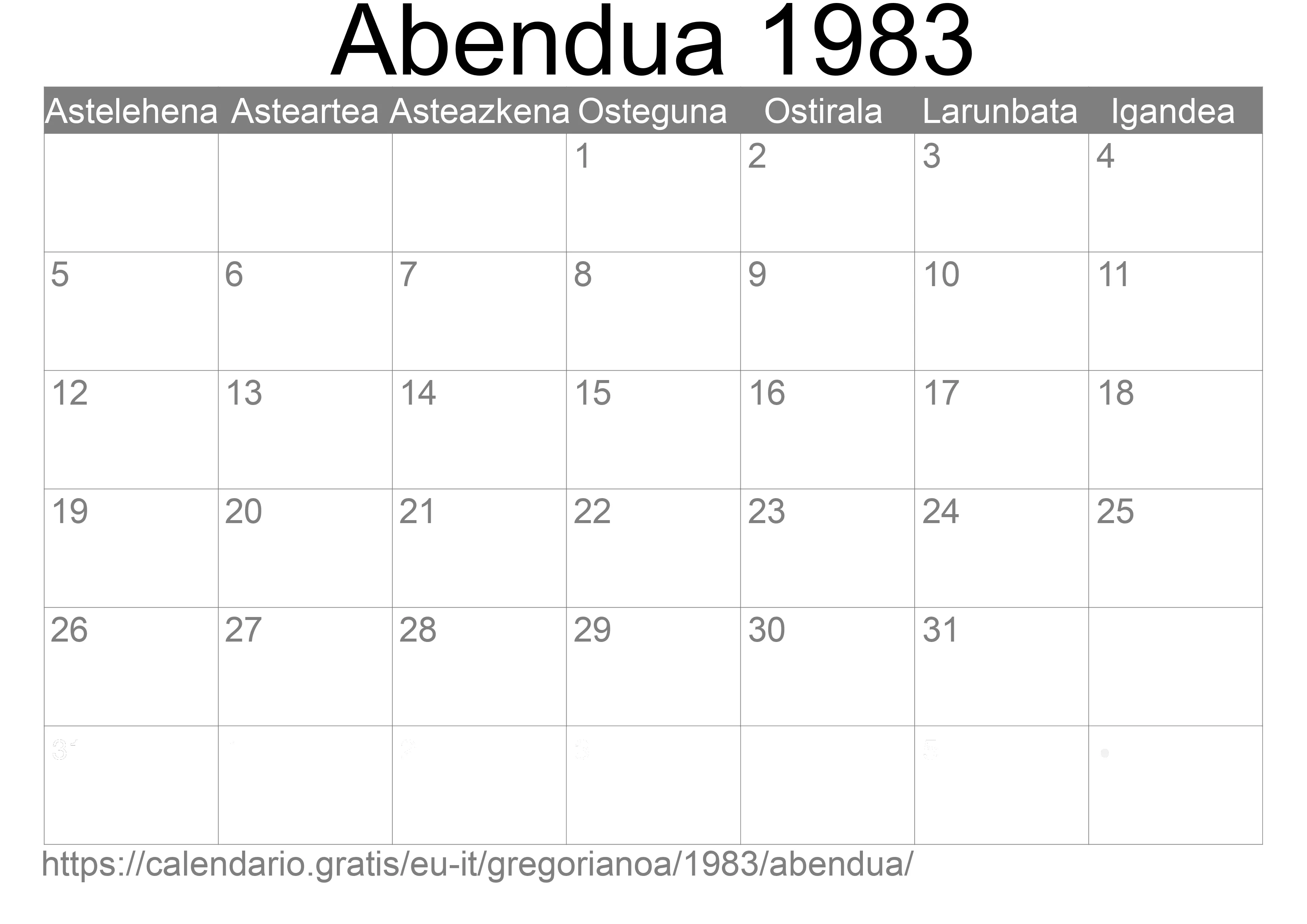 1983ko Abendua egutegia inprimatzeko (Italia)