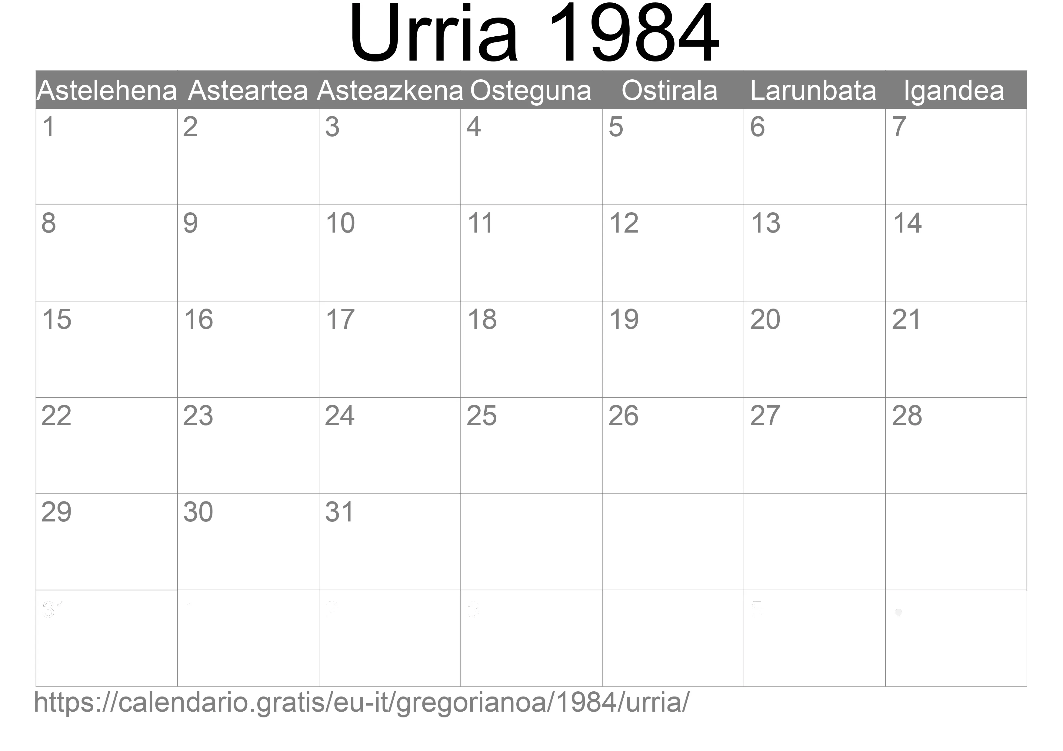 1984ko Urria egutegia inprimatzeko (Italia)
