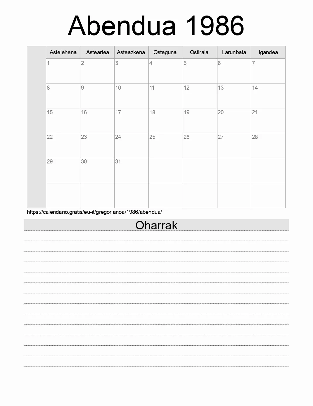 Inprimatzeko Abendua 1986 egutegia, oharrekin. (Italia)