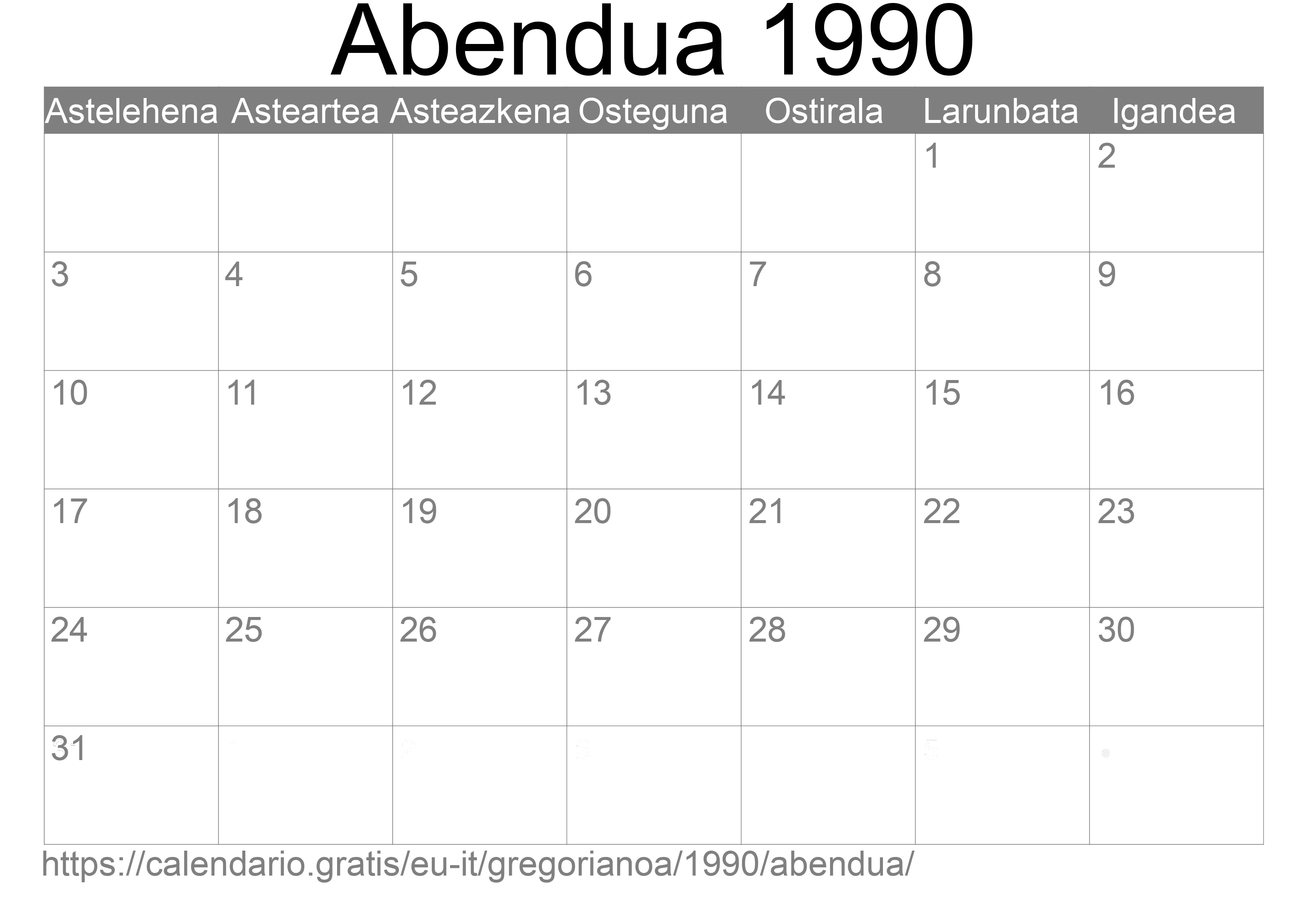 1990ko Abendua egutegia inprimatzeko (Italia)