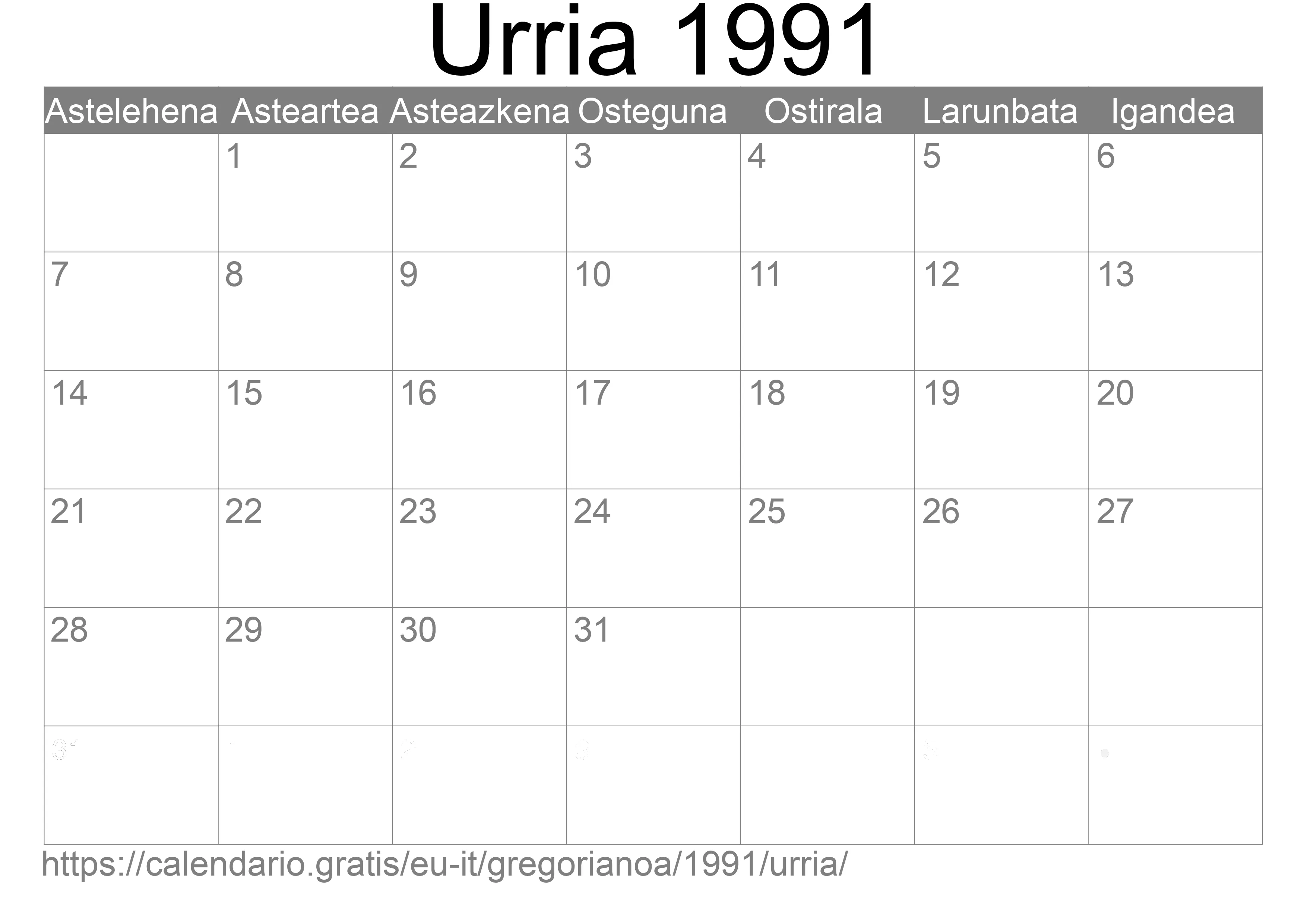 1991ko Urria egutegia inprimatzeko (Italia)
