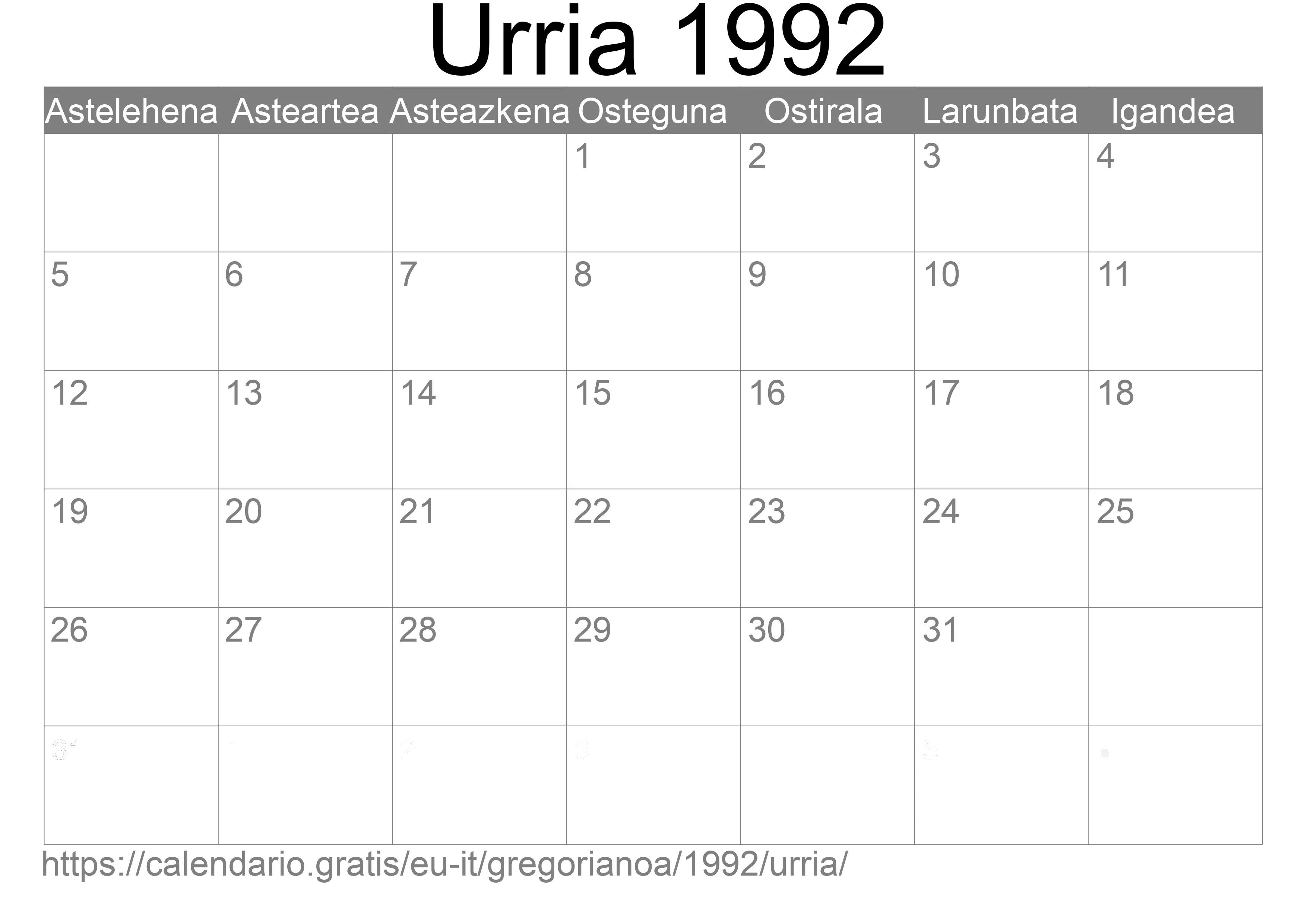 1992ko Urria egutegia inprimatzeko (Italia)