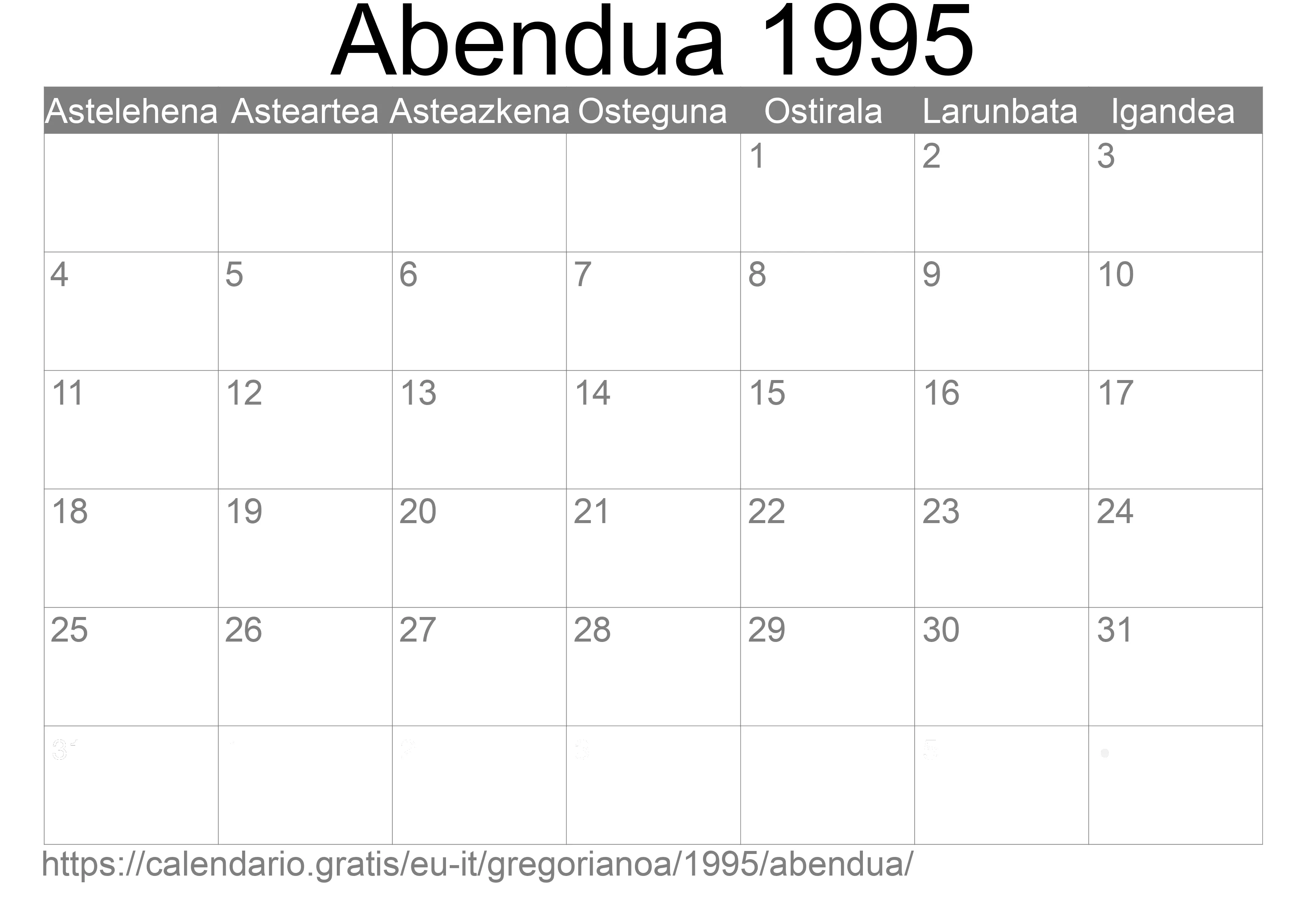 1995ko Abendua egutegia inprimatzeko (Italia)