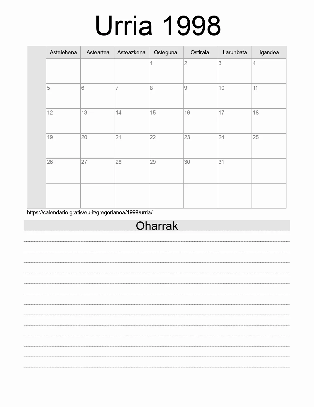 Inprimatzeko Urria 1998 egutegia, oharrekin. (Italia)