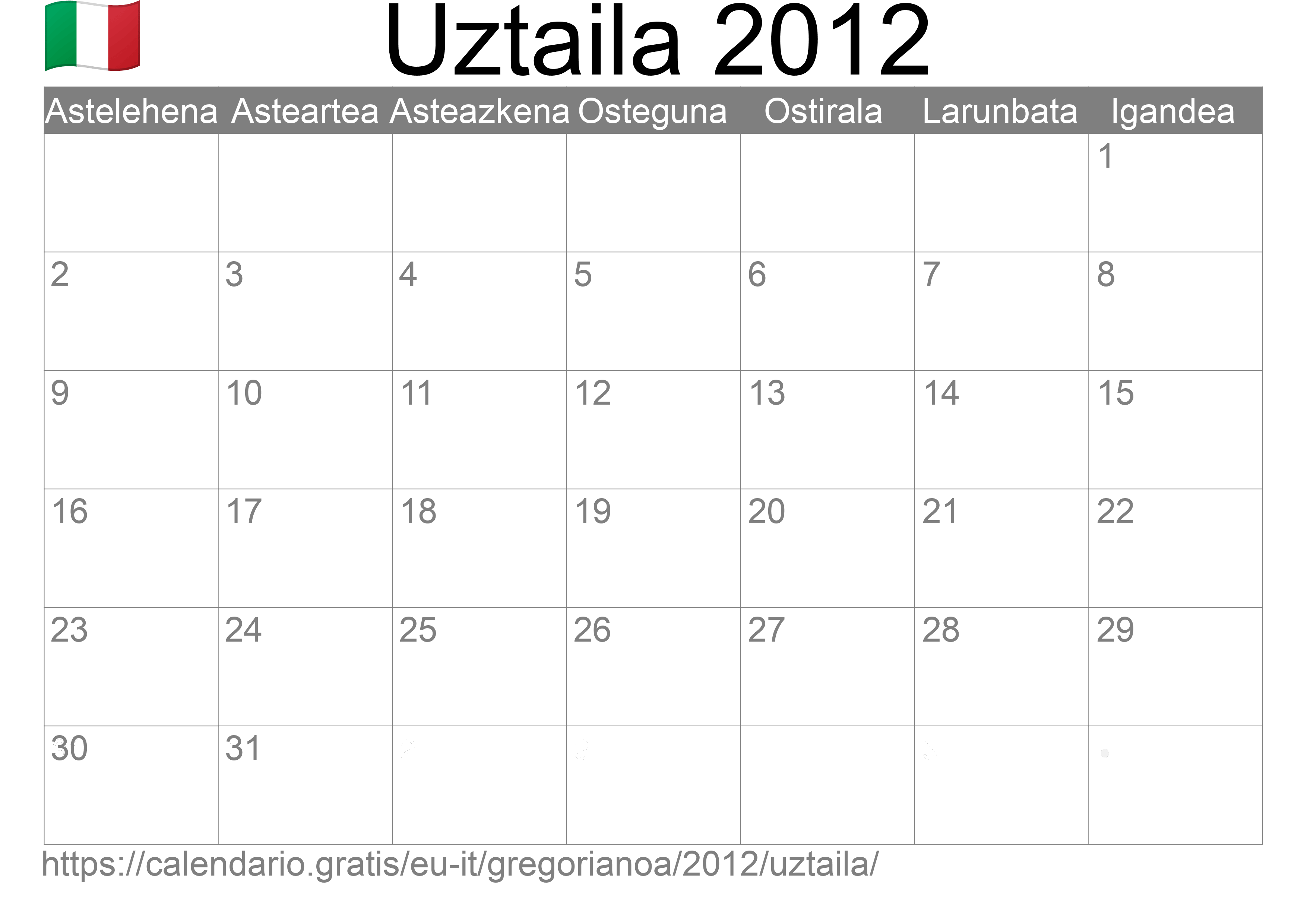 2012ko Uztaila egutegia inprimatzeko