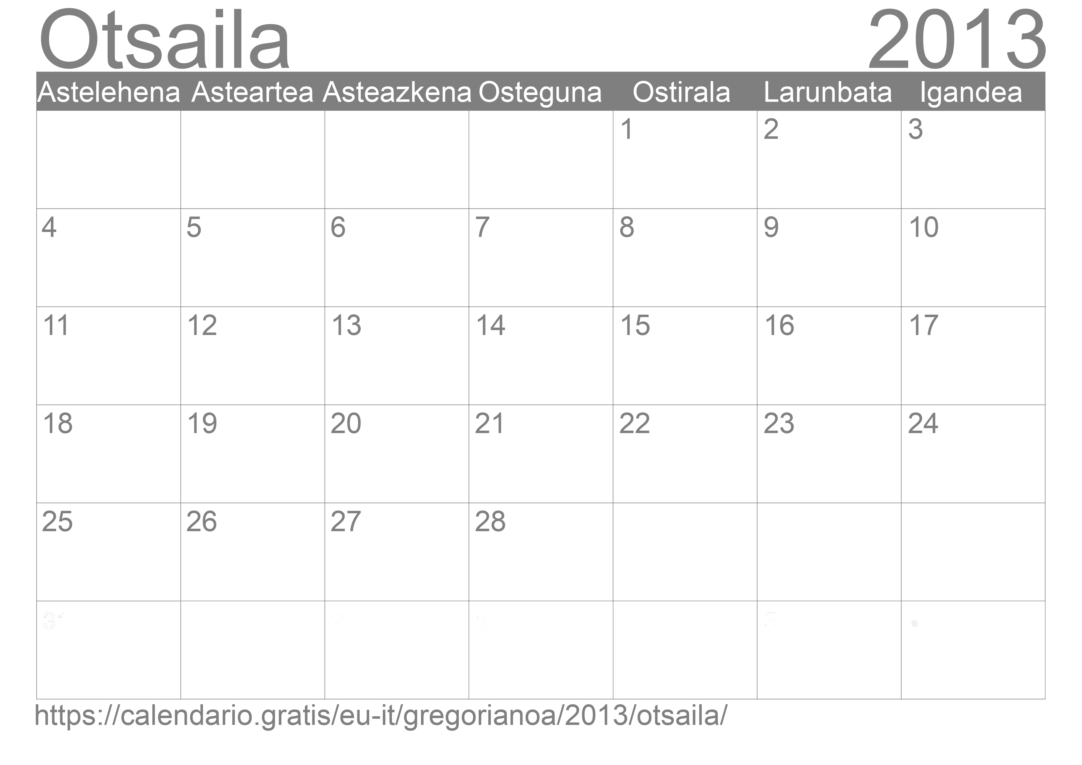 2013ko Otsaila egutegia inprimatzeko