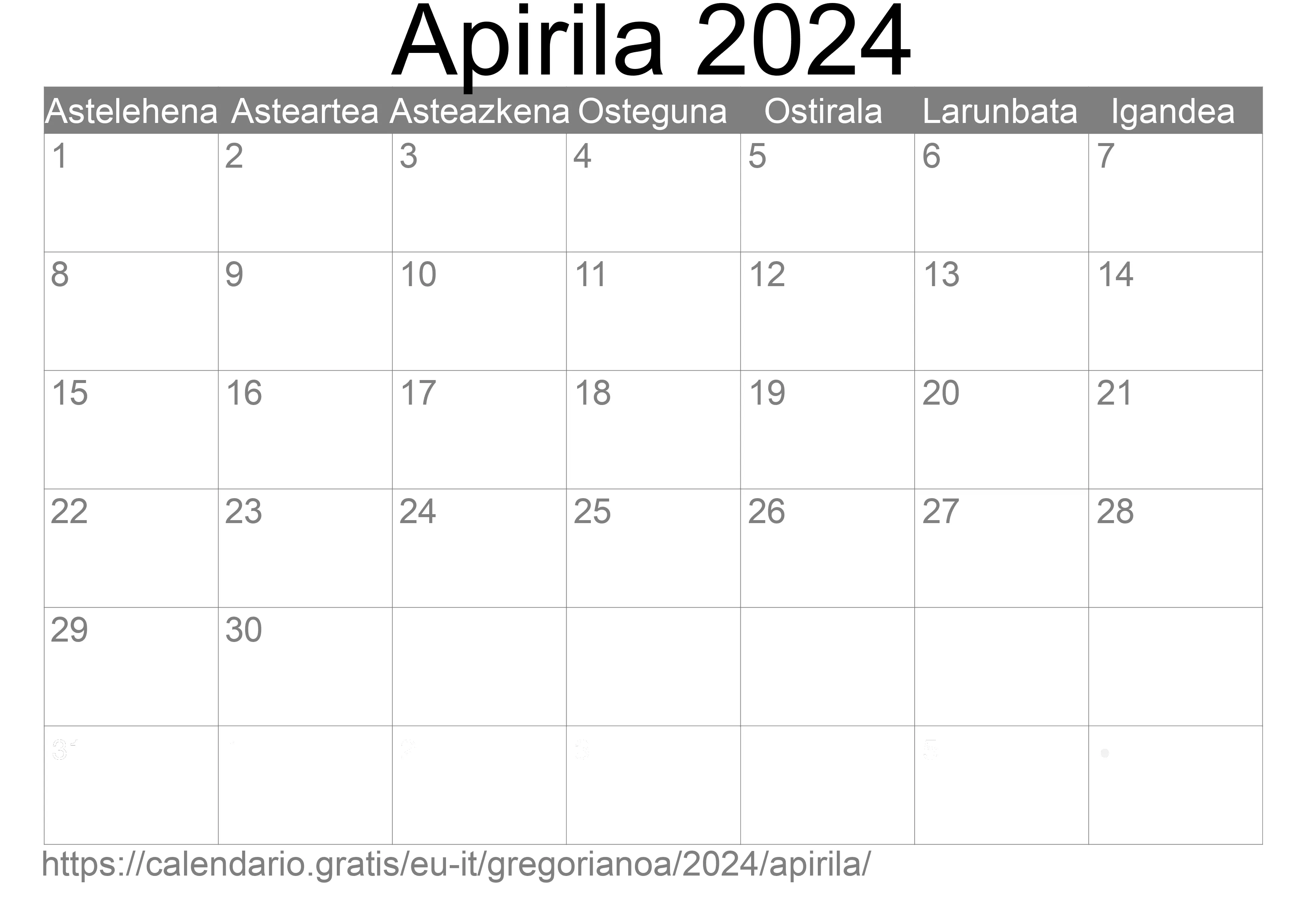 2024ko Apirila egutegia inprimatzeko (Italia) 2024ko Apirila egutegia inprimatzeko (Italia)