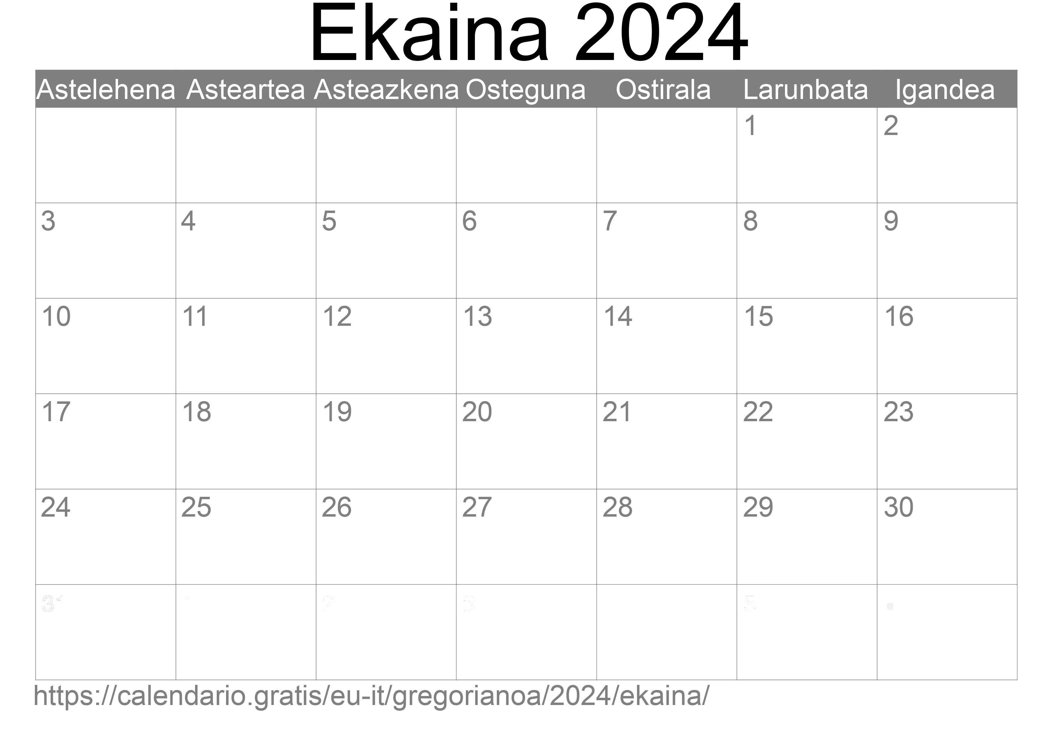 2024ko Ekaina egutegia inprimatzeko (Italia) 2024ko Ekaina egutegia inprimatzeko (Italia)